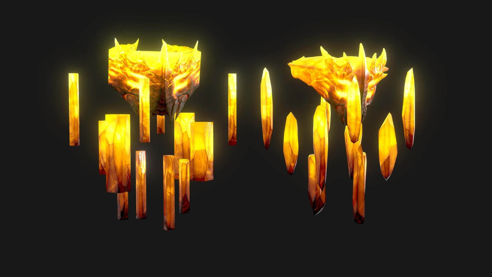 Minecraft Blaze 桌布 壁紙 — 兩個發光的金色晶體結構，帶有鋸齒狀的頂峰和垂直碎片，漂浮在黑暗背景上。