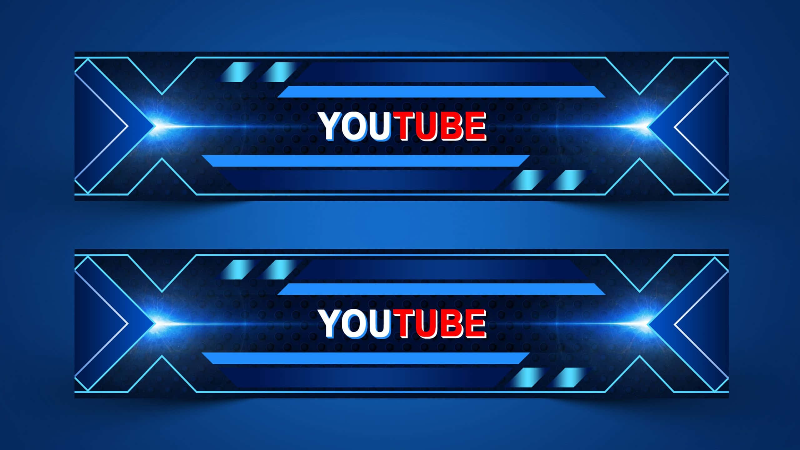 YouTube Cover 桌布 壁紙 — 兩個發光藍色YouTube橫幅，帶有未來感X形框架和明亮鏡頭光暈，背景為深藍色。