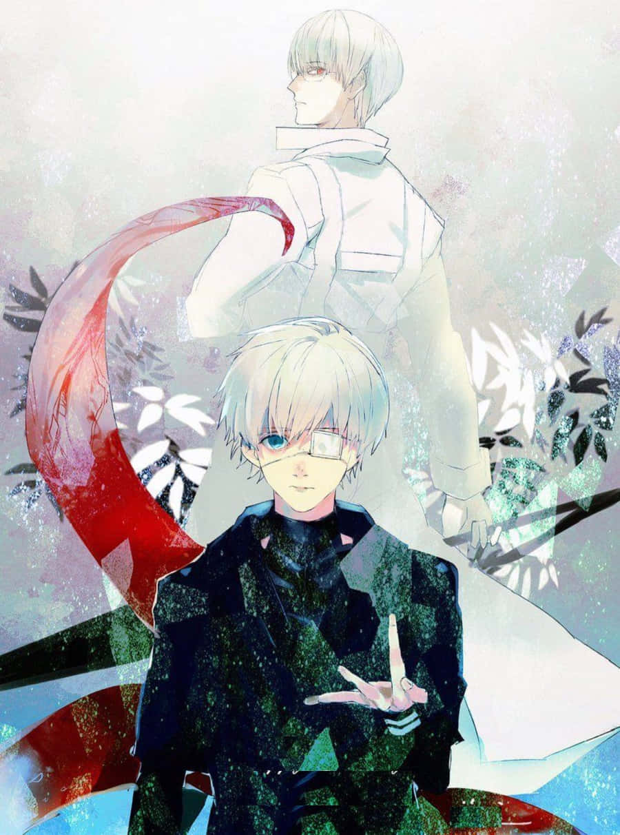Kishou Arima 桌布 壁紙 — 兩個白髮動漫男孩，一個穿黑色外套做手勢，另一個穿白色外套在紅色絲帶和花卉圖案後面。