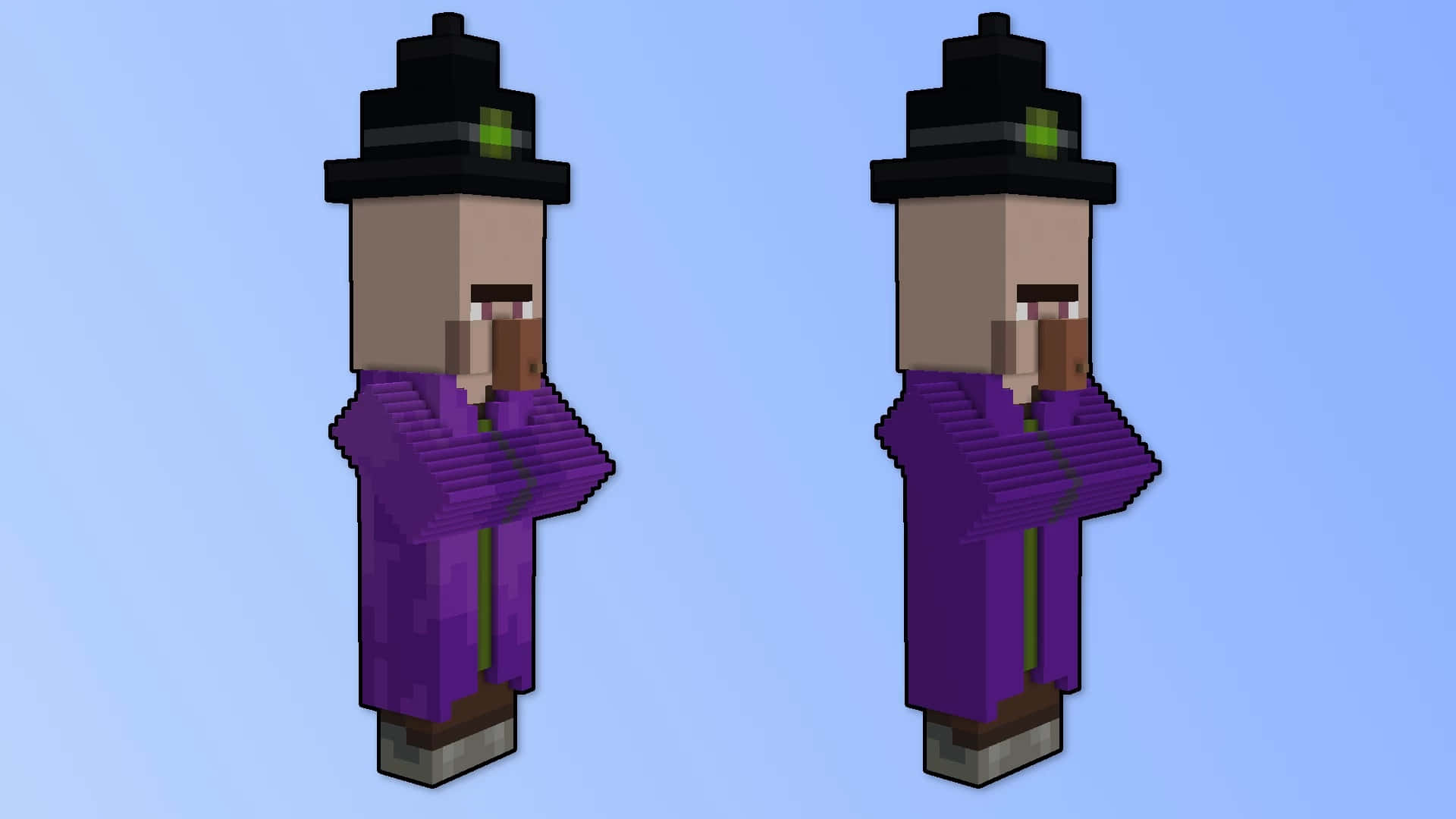 Minecraft Witch 桌布 壁紙 — 兩個相同的像素化女巫角色，身穿紫色長袍和黑色帽子，並排站在淺藍色漸變背景前。