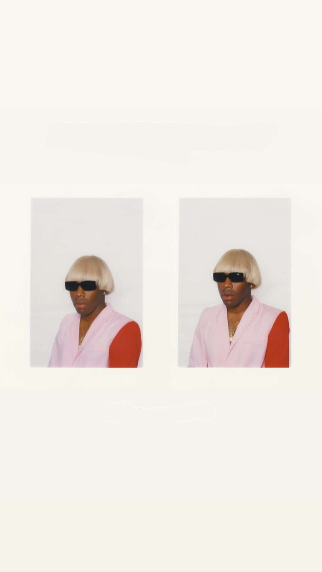 tyler the creator 桌布 壁紙 — 兩個相同的肖像，人物戴著金色波波頭假髮和黑色太陽眼鏡，穿著紅色襯衫外搭粉紅色背心，背景為純白色。
