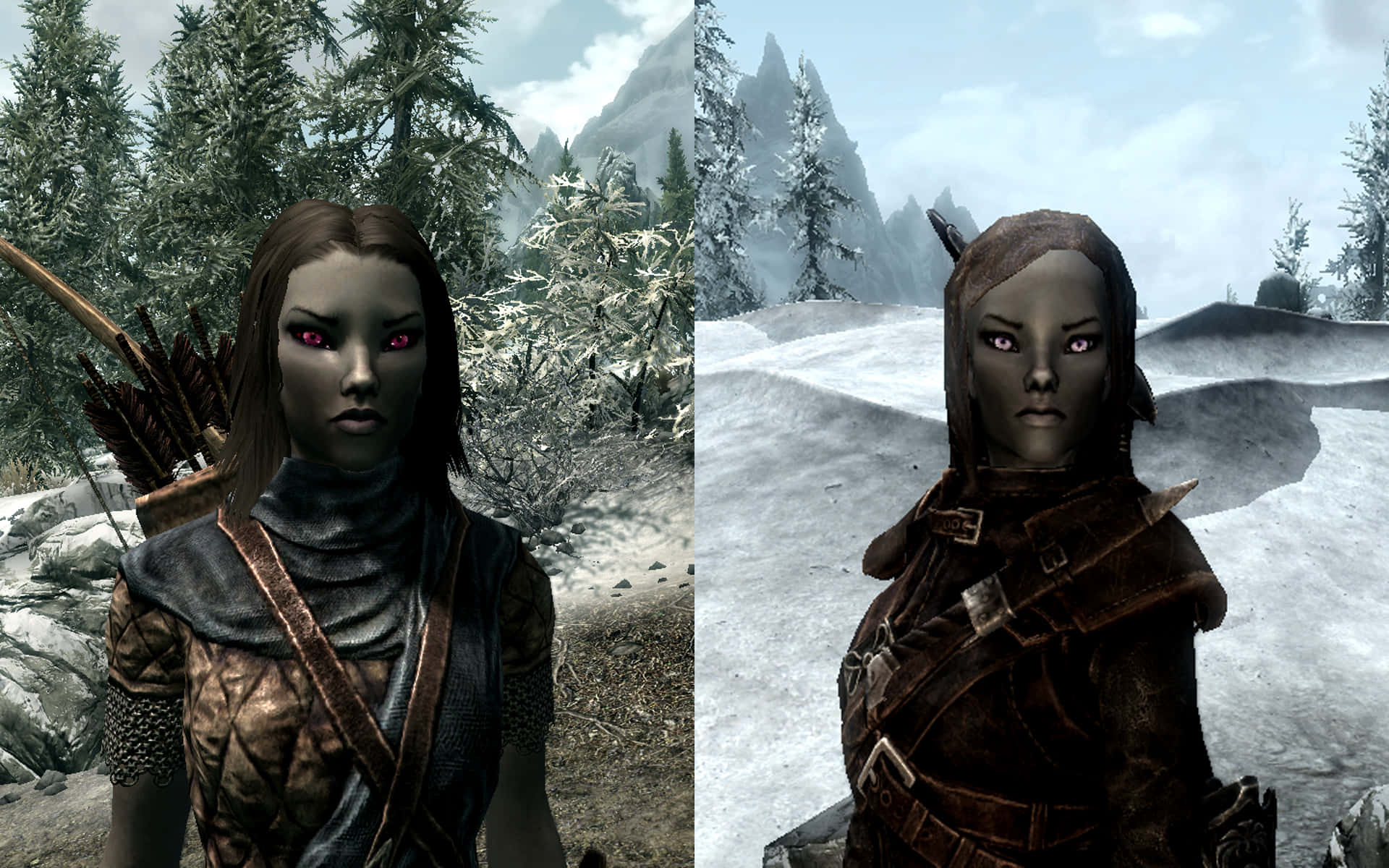 Skyrim Astrid 桌布 壁紙 — 兩個眼睛發出紅光的精靈弓箭手，身著皮甲，站在白雪覆蓋的山林和沙漠中。
