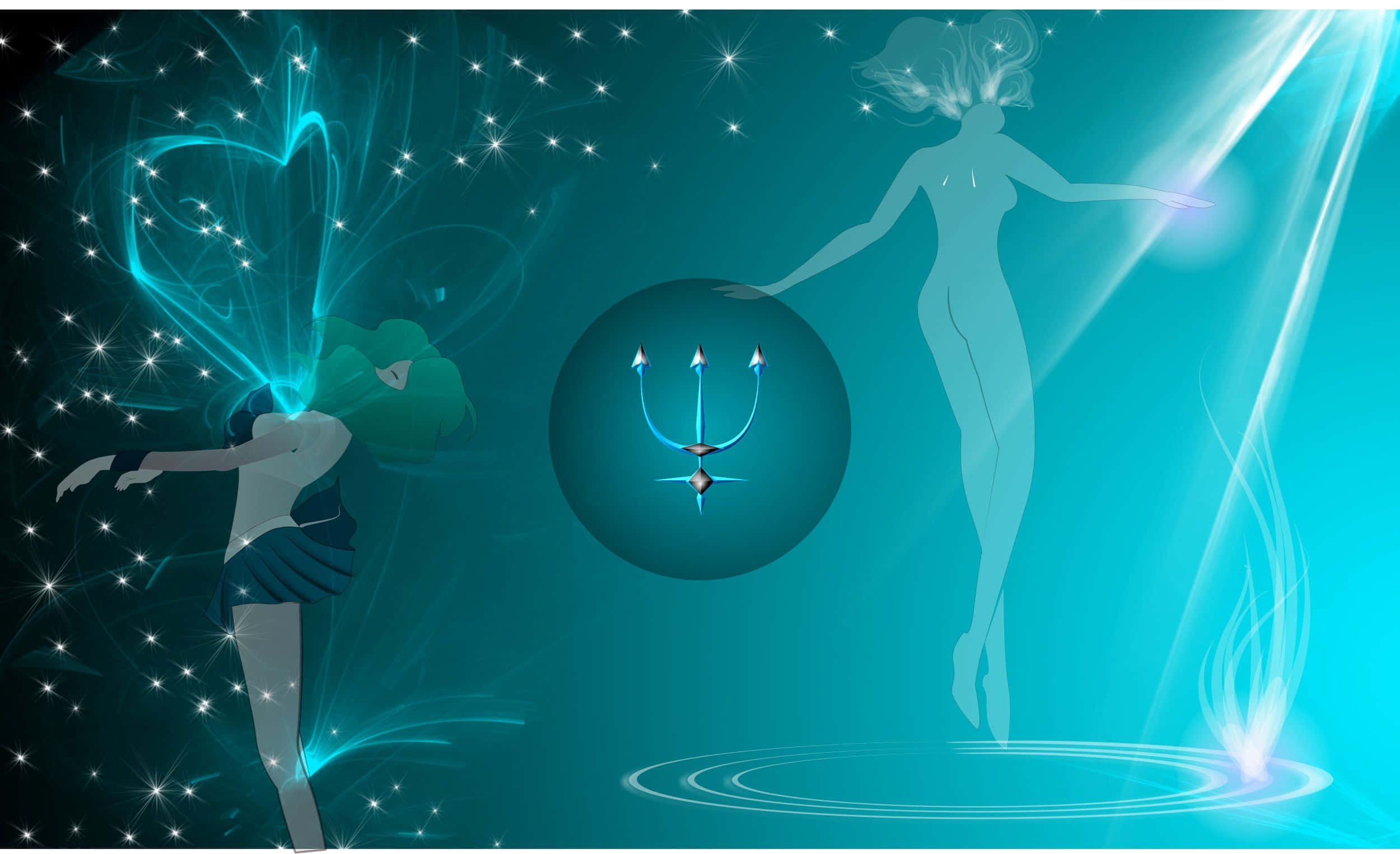 sailor neptune 桌布 壁紙 — 兩個空靈的身影在繁星點點的藍綠色背景下散發著藍色能量，其中一個在神秘的數位場景中手持三叉戟。