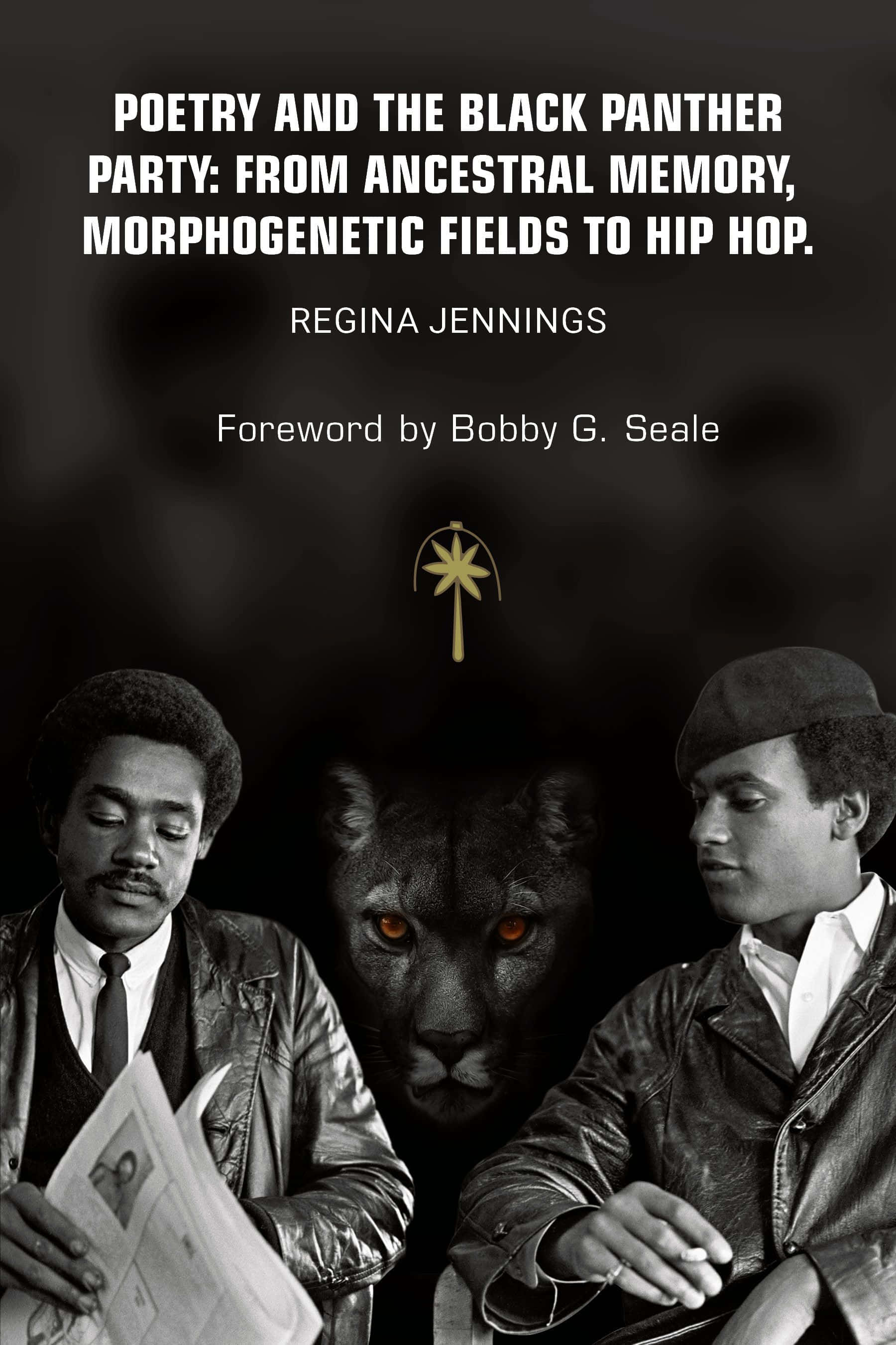 Black Panther Party 桌布 壁紙 — 兩個穿皮褸的男人在一個黑色封面上夾著一個發光的黑豹頭，這是一本關於黑豹黨歷史和詩歌的書。