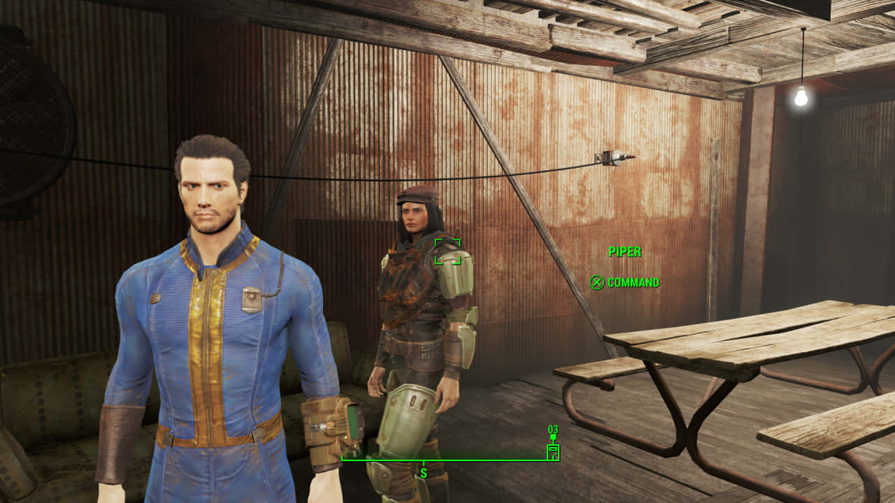 Fallout Characters 桌布 壁紙 — 兩個穿著Fallout風格裝甲的角色站在一個生鏽的金屬房間裡，裡面有木製野餐桌和吊燈。