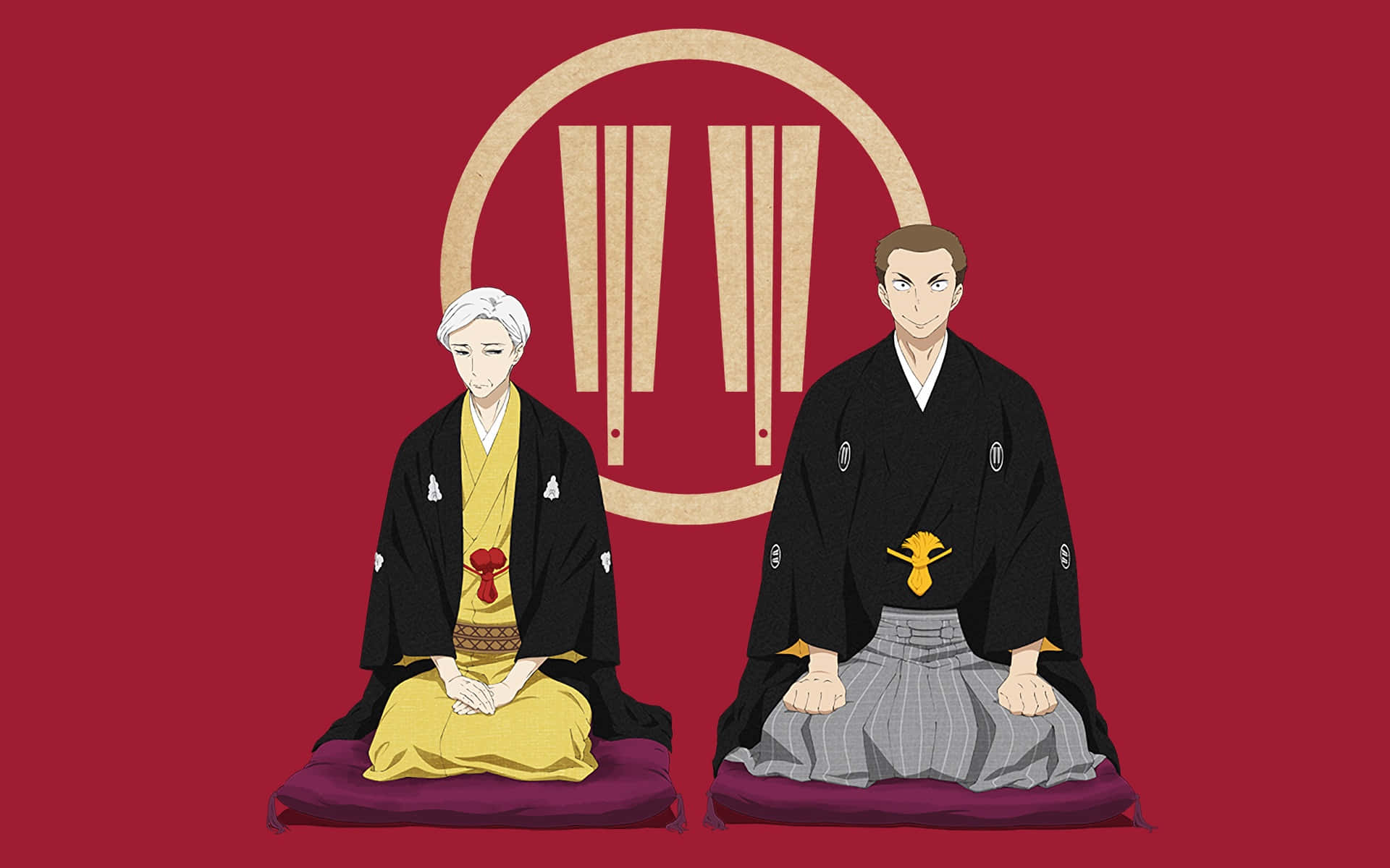 shouwa genroku rakugo shinjuu 桌布 壁紙 — 兩個穿著傳統日本服飾的動漫角色，在深紅色背景和圓形標誌前盤腿坐在坐墊上。