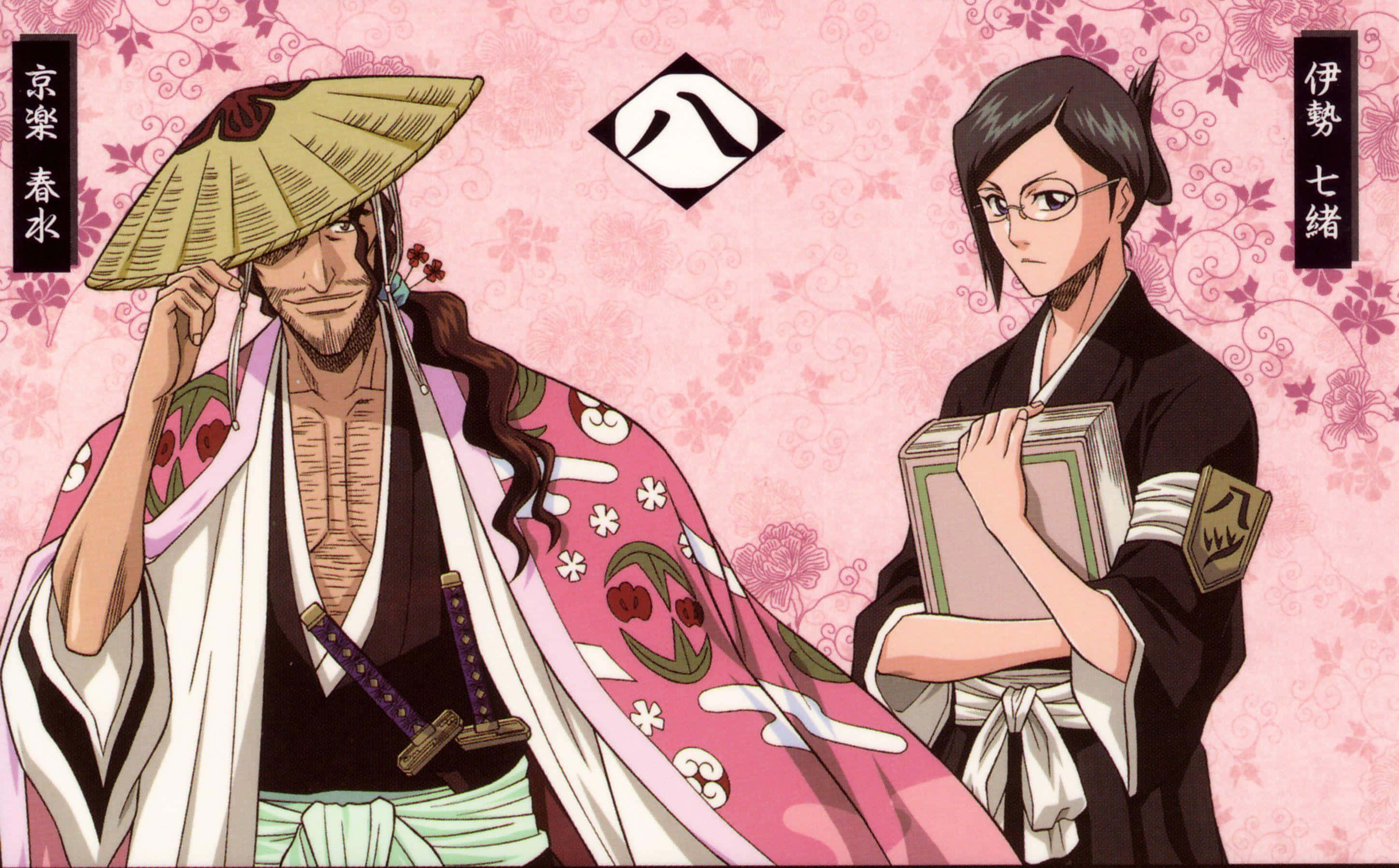 Shunsui Kyoraku 桌布 壁紙 — 兩個穿著傳統日本服飾的動漫角色站在粉紅色花卉壁紙背景前。