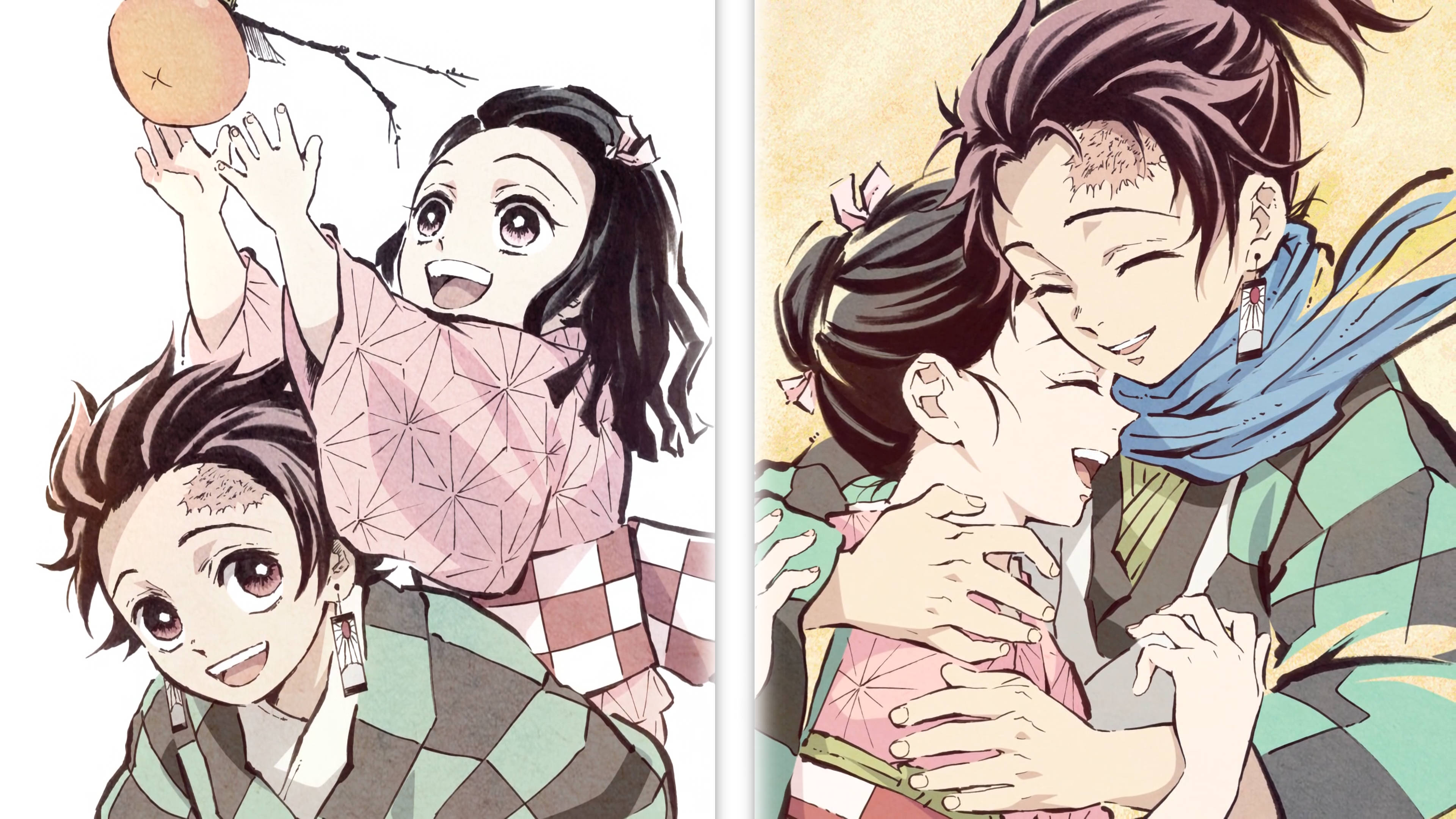 Demon Slayer 4K Siblings 壁紙 — 兩個穿著傳統日本服飾的動漫角色與一個桃子分享歡樂時刻，其中一個高舉桃子，另一個則溫暖地擁抱著他們。