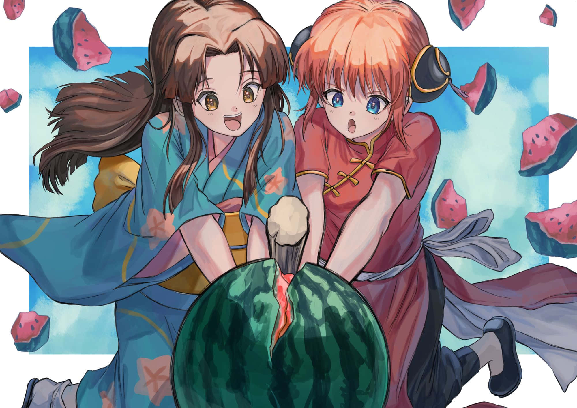 Tokugawa 桌布 壁紙 — 兩個穿著傳統服裝的動漫女孩在明亮的藍天下開心地砸西瓜，西瓜片四處飛濺。