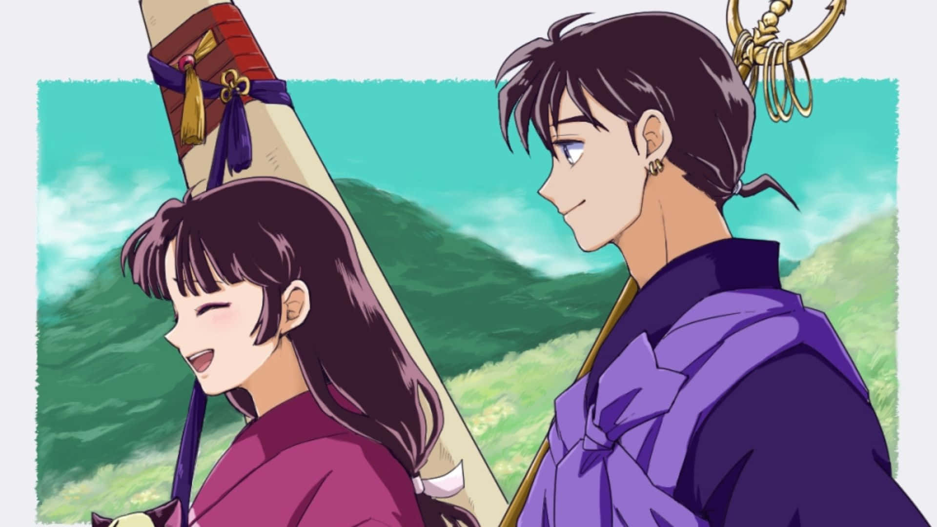 Miroku 桌布 壁紙 — 兩個穿著傳統服飾的動漫角色並肩站立，背景是充滿活力的綠色山脈。