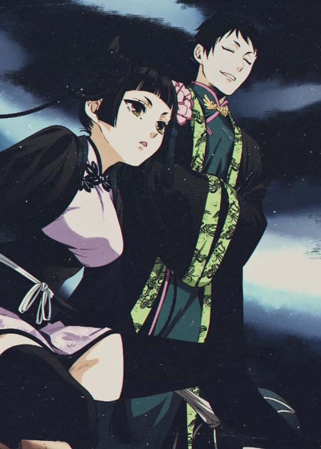 Black Butler Lau 桌布 壁紙 — 兩個穿著傳統服飾的動漫角色在星空下坐在一起，身後有柔和的光芒。