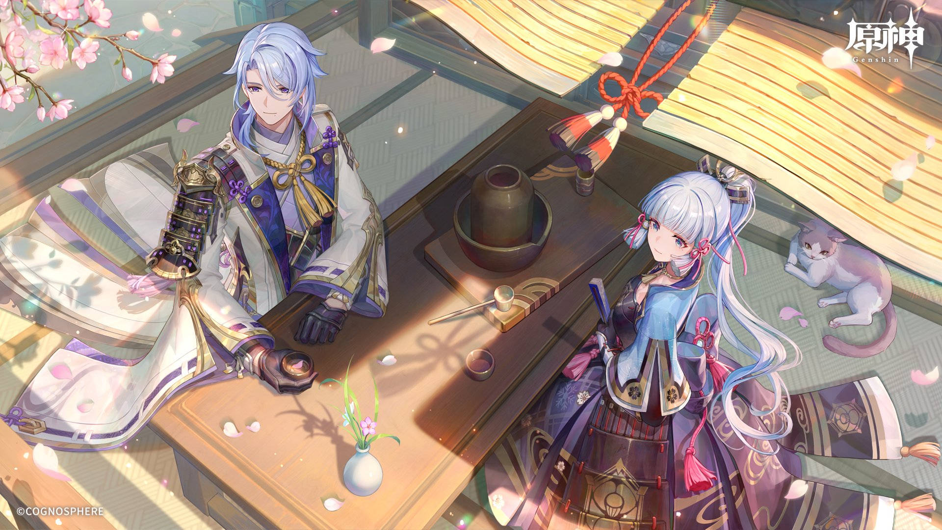 遊戲 桌布 壁紙 — 兩個穿著傳統服飾的動漫角色坐在櫻花樹下的木桌旁，附近有一隻貓。