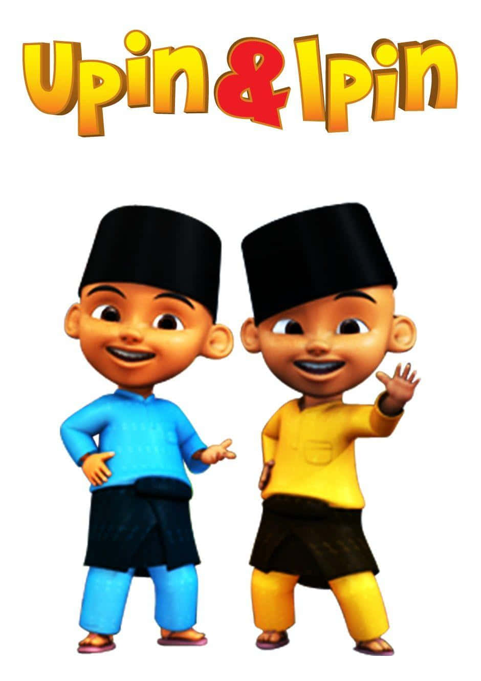Upin Ipin 桌布 壁紙 — 兩個穿著傳統服飾的快樂卡通男孩在粗體彩色標題文字下開心地揮手。