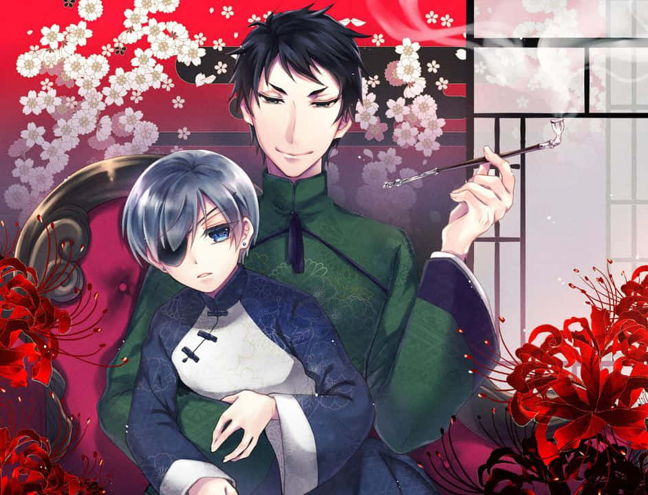 Black Butler Lau 桌布 壁紙 — 兩個穿著傳統長袍的動漫角色坐在紅色背景前，周圍是紅色的彼岸花和櫻花。