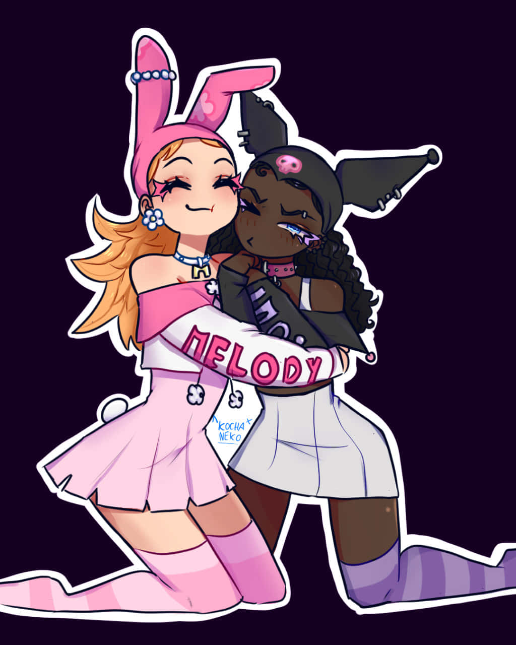 Kuromi Fanart 桌布 壁紙 — 兩個穿著兔女郎服裝的動漫女孩在深紫色背景前溫暖地擁抱，一個穿著粉紅色，另一個穿著黑色。