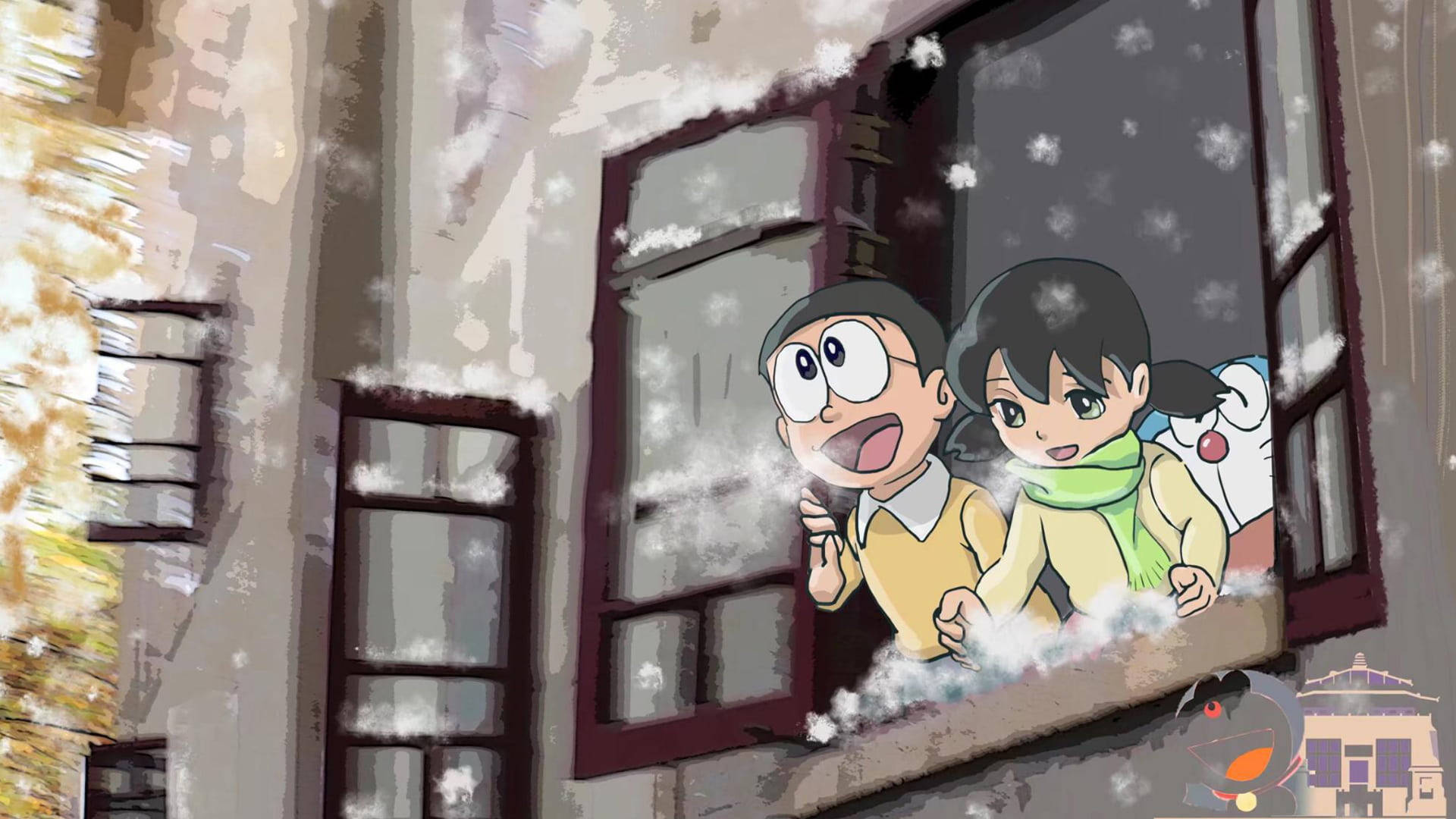 shizuka doraemon 桌布 壁紙 — 兩個穿著冬季外套的動畫小孩興奮地從積雪的窗戶往外看，雪花飄過他們的臉龐。