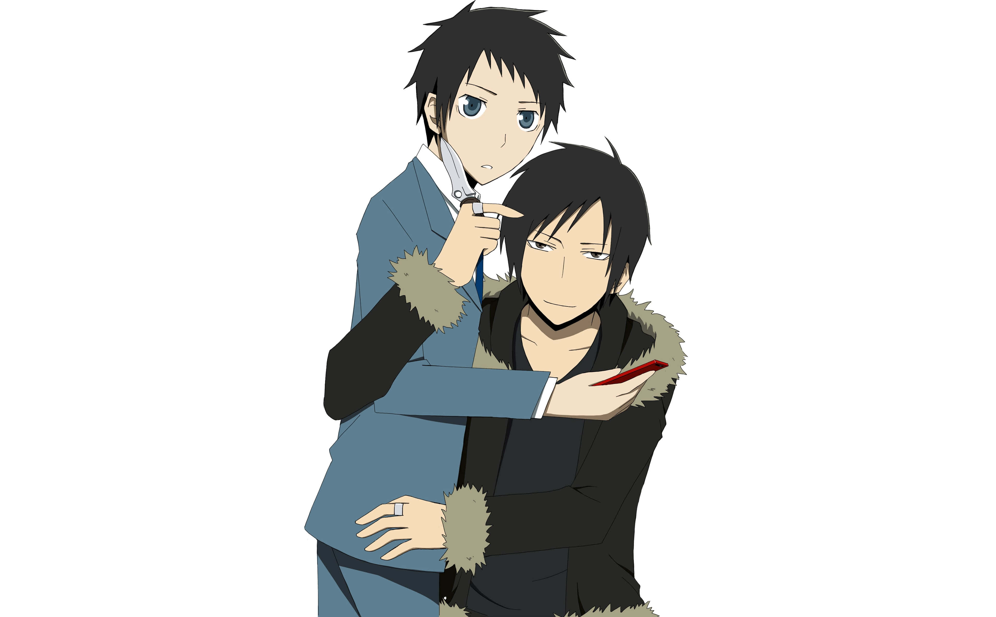 Mikado Ryuugamine 桌布 壁紙 — 兩個穿著冬季外套的動畫男孩，一個拿著紅色電話，另一個指著它，表情驚訝。