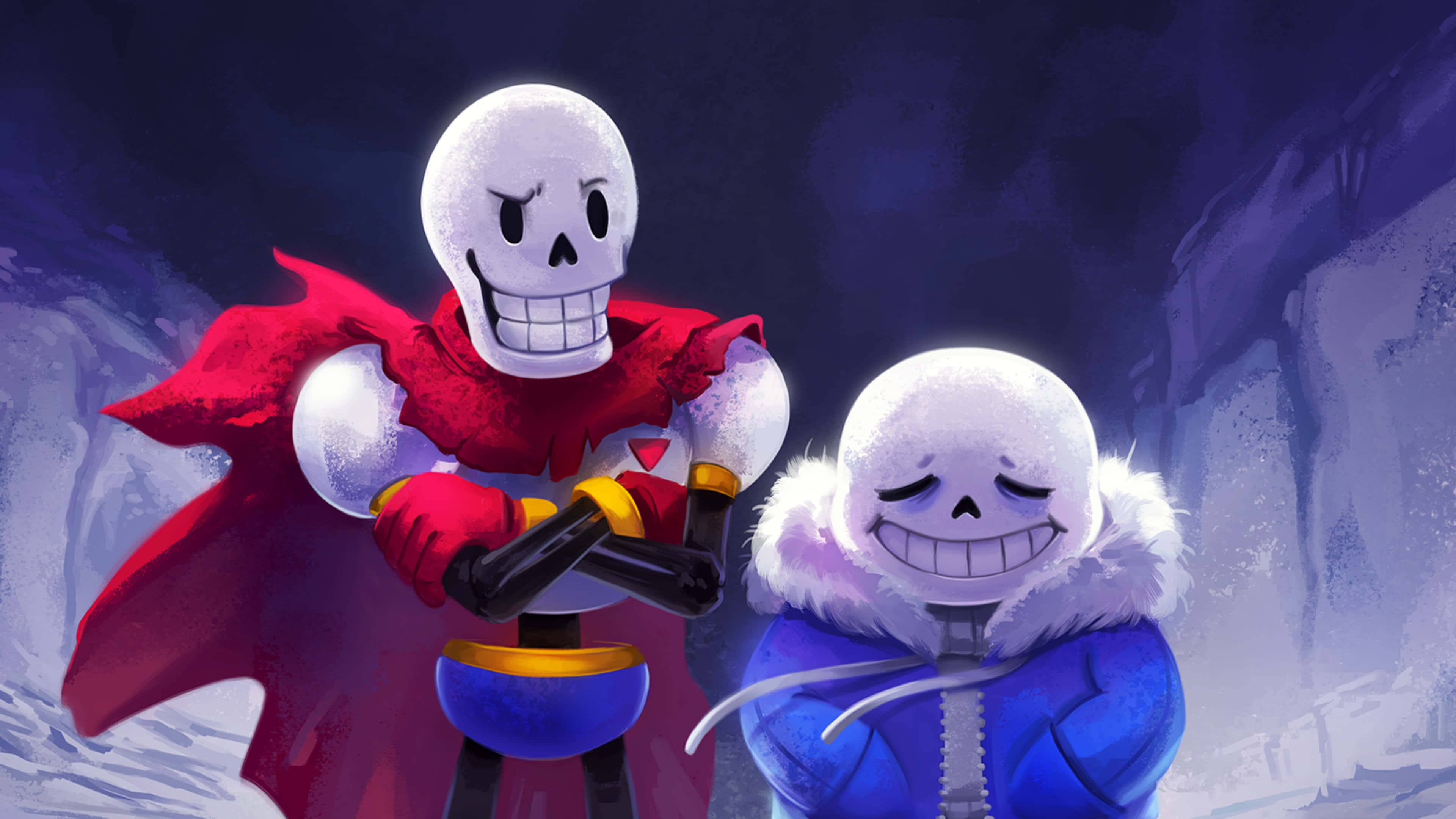 sans 桌布 壁紙 — 兩個穿著冬季裝備的開心骷髏角色在黑暗天空下，一起站在雪崖背景前。