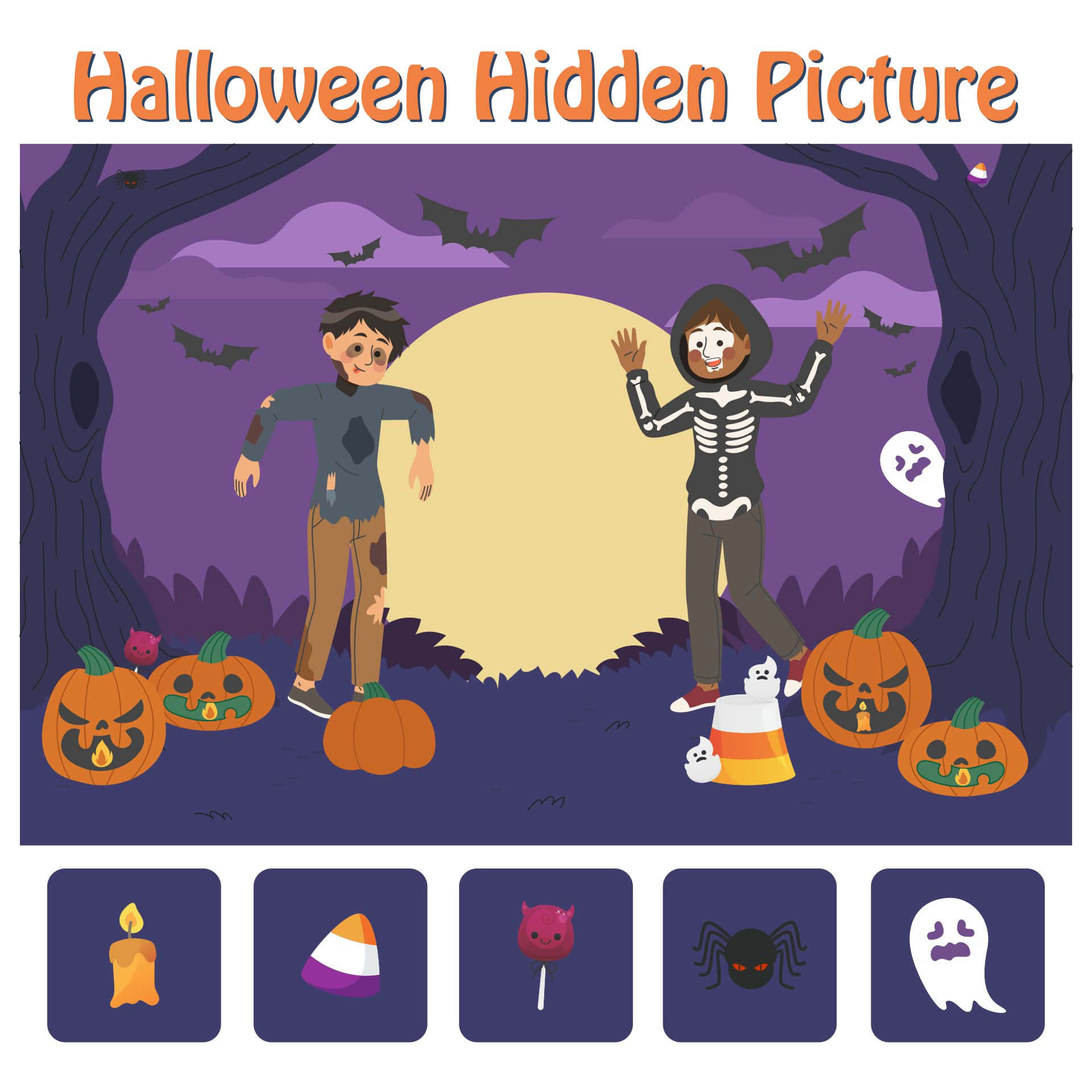 Halloween Puzzles 桌布 壁紙 — 兩個穿著喪屍和骷髏服裝的小孩站在一個詭異的紫色森林中，周圍有南瓜燈、蝙蝠和滿月。