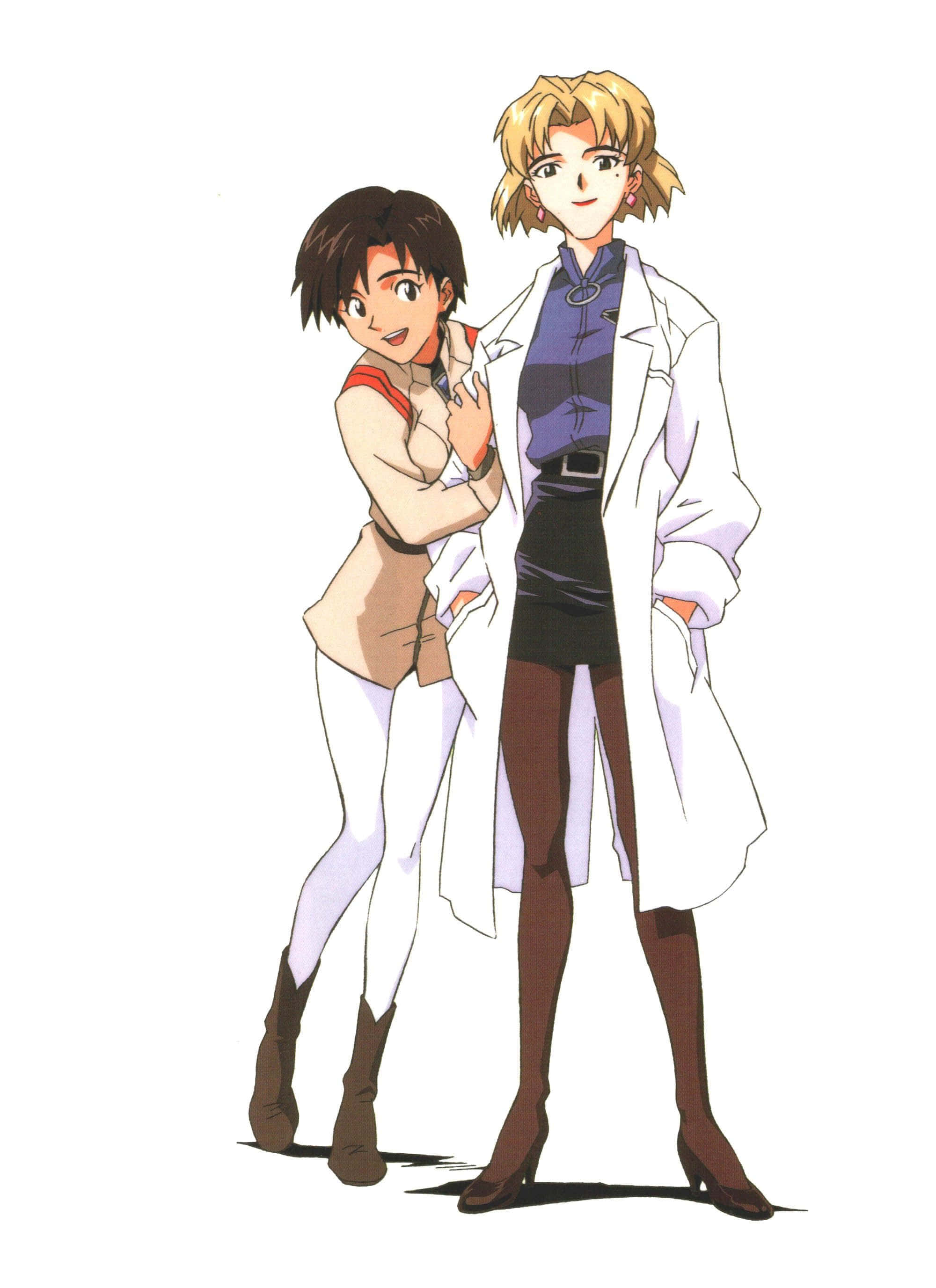 Ritsuko Akagi 桌布 壁紙 — 兩個穿著實驗室外套的動漫角色在純白色背景前一起擺姿勢，帶有柔和陰影。