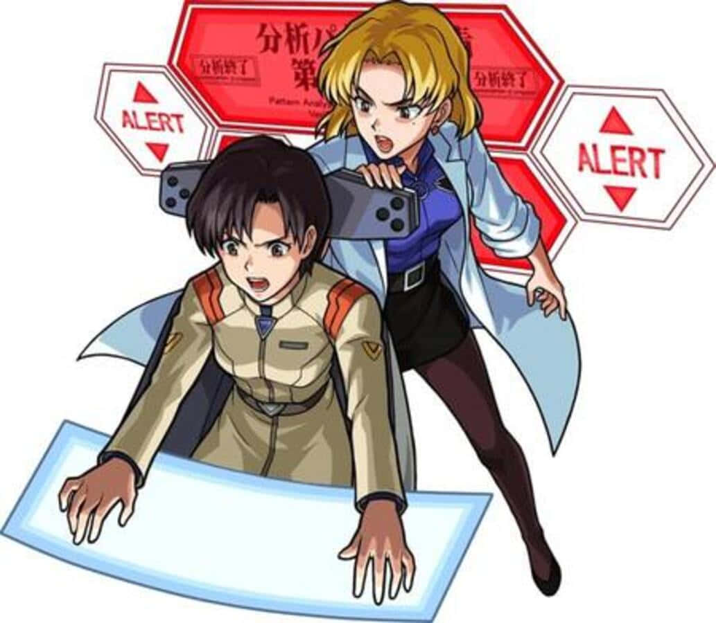 Maya Ibuki 桌布 壁紙 — 兩個穿著實驗室外套的動漫角色正在緊急分析數據，周圍懸浮著警報標誌。