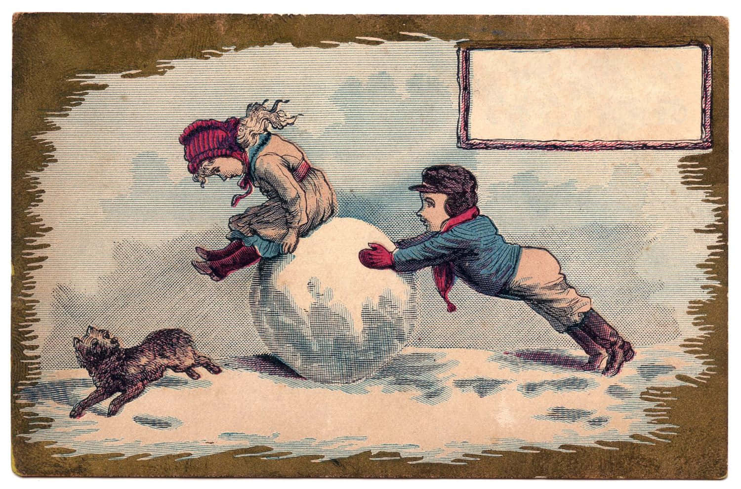 Winter Scene 桌布 壁紙 — 兩個穿著復古冬季服裝的小孩在雪地上嬉戲地推著一個巨大的雪球，旁邊有一隻小狗在奔跑。