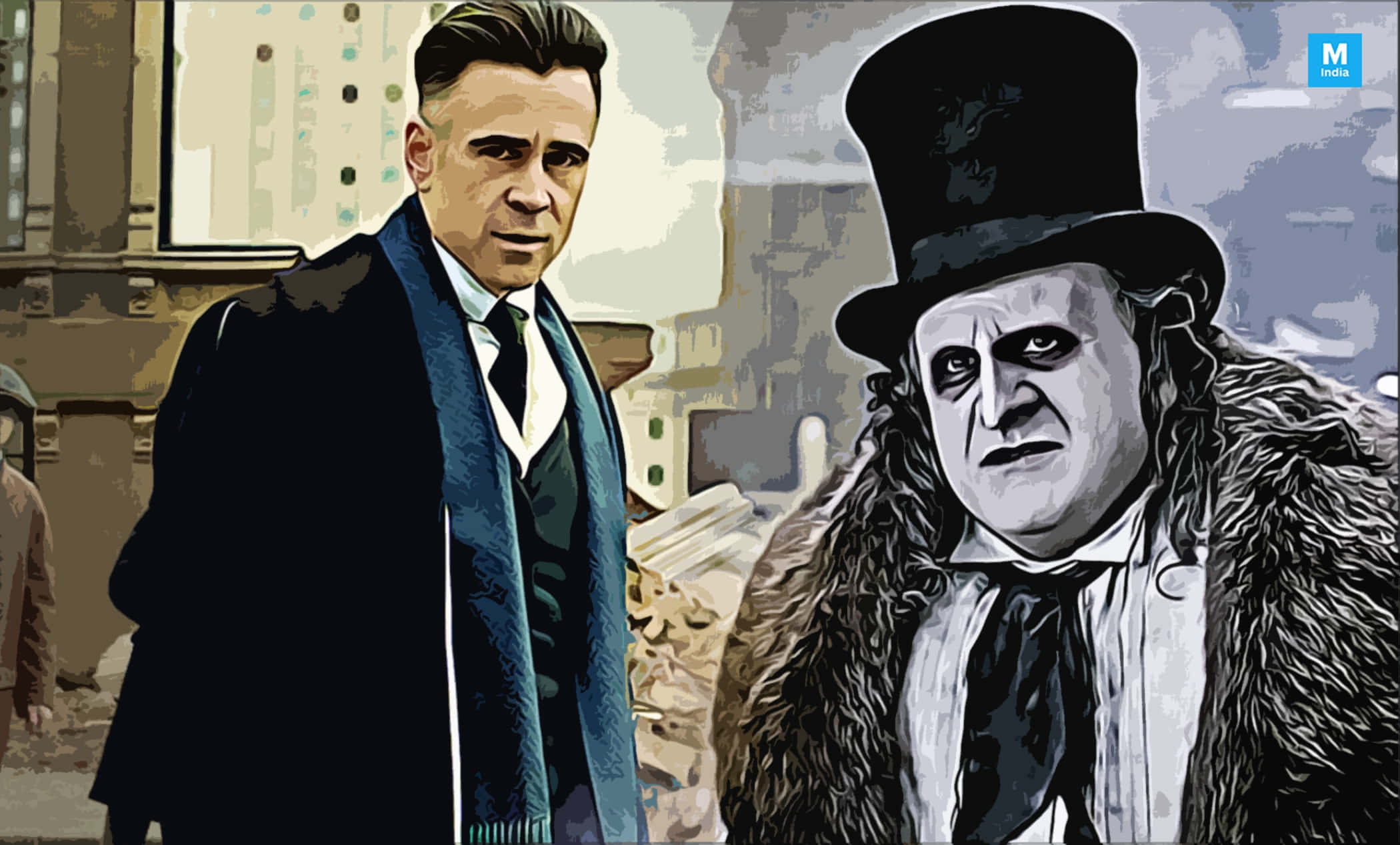 Batman Penguin 桌布 壁紙 — 兩個穿著復古服裝的男人站在一個風格化的城市場景中，一個穿西裝，另一個戴高帽和穿皮草大衣。