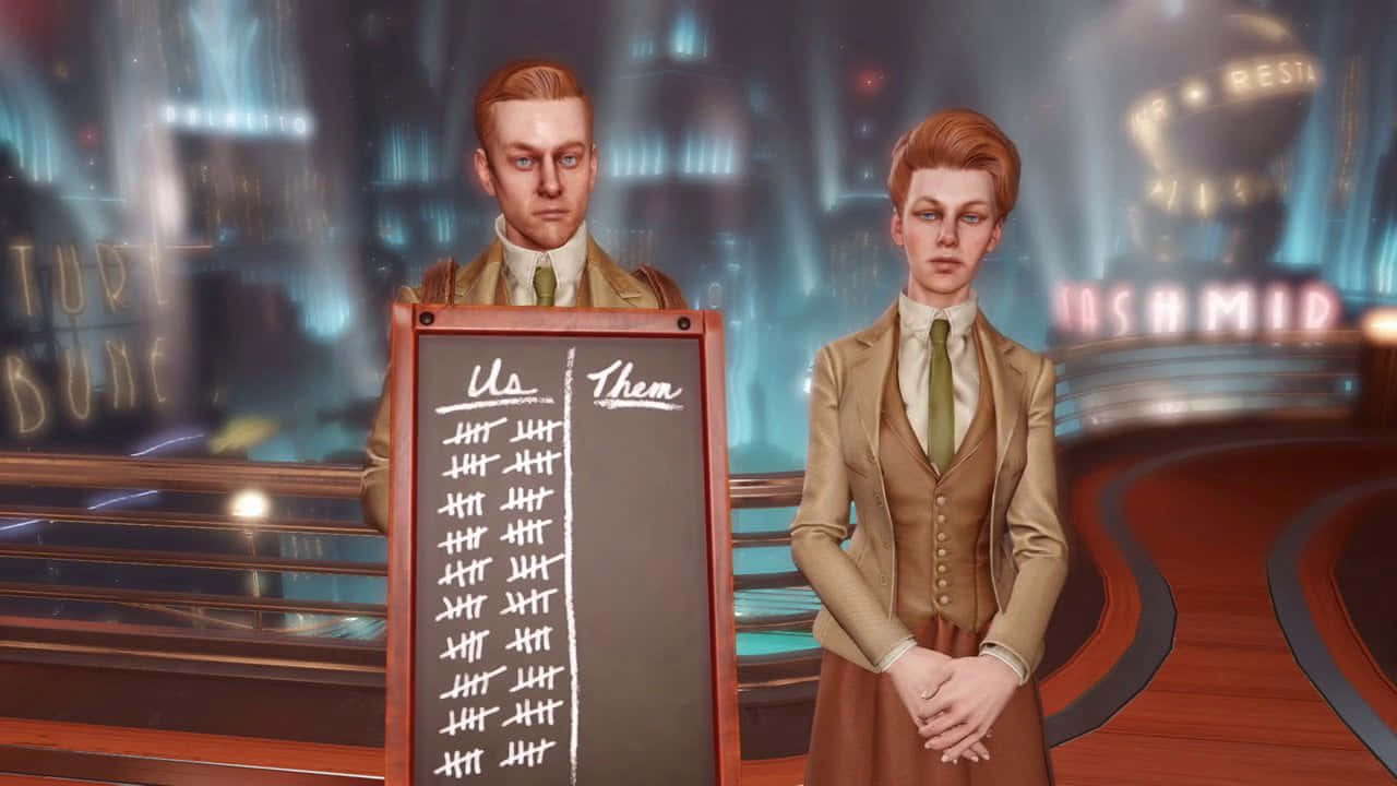 Bioshock Characters 桌布 壁紙 — 兩個穿著復古西裝的嚴肅人物站在一個標有「我們」和「他們」的計分板旁，背景是發光的未來城市。