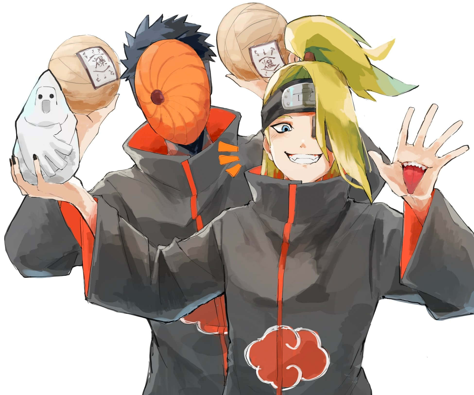 Akatsuki X Deidara 桌布 壁紙 — 兩個穿著曉斗篷的開朗動漫角色，帶著俏皮面具和鬼魂毛絨玩具，在純白背景前擺姿勢。