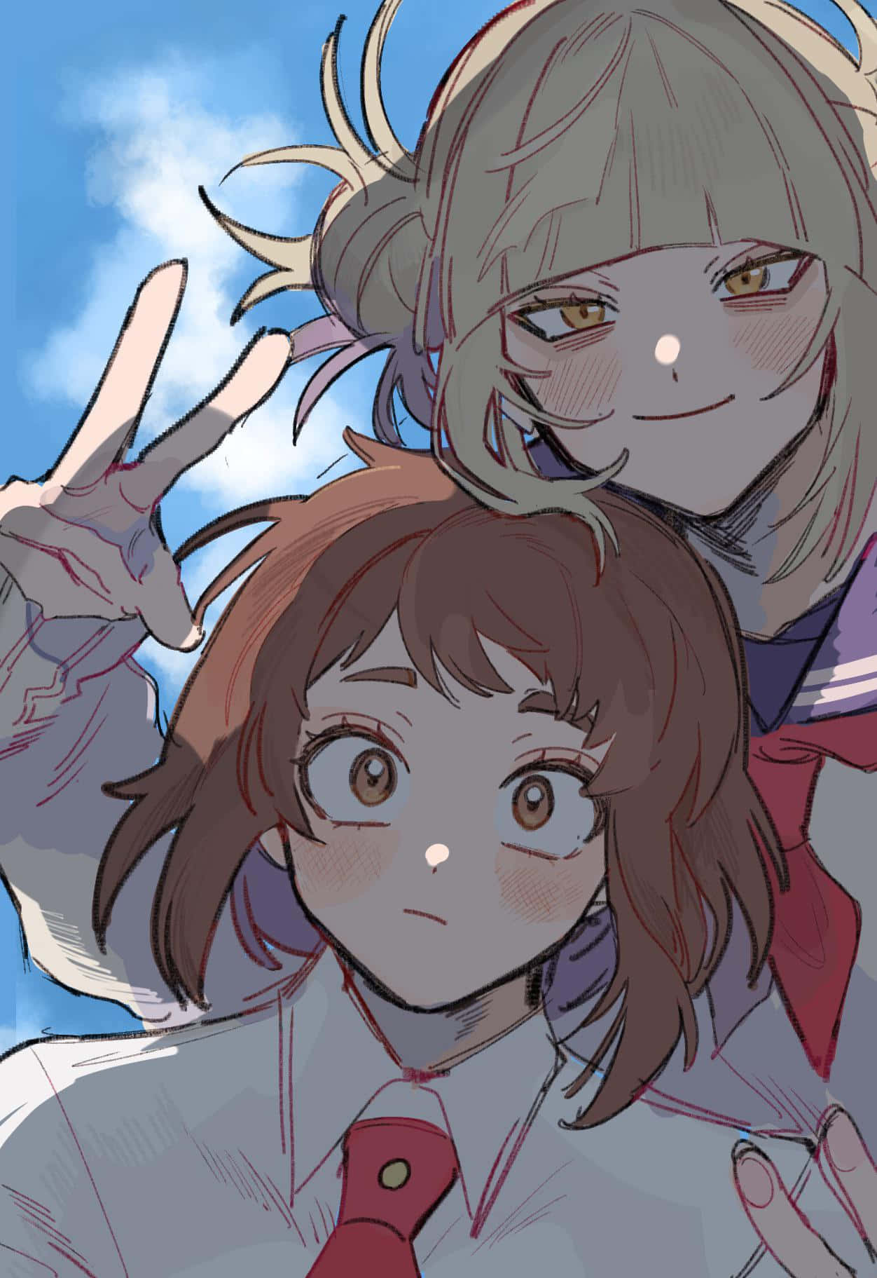 Toga 桌布 壁紙 — 兩個穿著校服嘅動漫女仔喺晴朗藍天同 fluffy 雲朵下開心擺甫士。