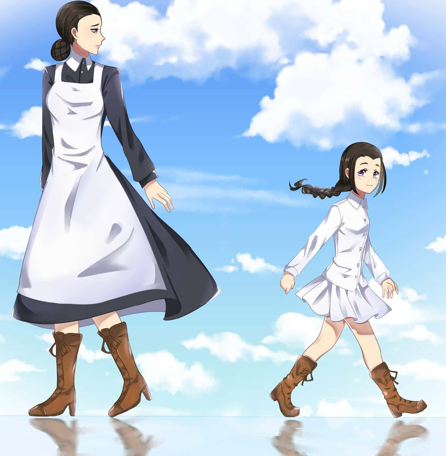 The Promised Neverland Isabella 桌布 壁紙 — 兩個穿著校服的動漫女孩在反射表面上並肩行走，上方是明亮的藍天和蓬鬆的雲朵。