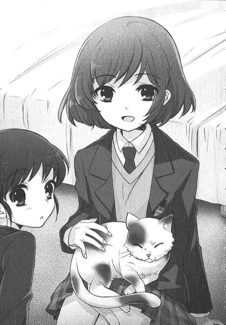 Haruhi Sasaki 桌布 壁紙 — 兩個穿著校服的動漫女孩在柔和的灰階漫畫面板中輕輕與一隻睡著的貓互動。