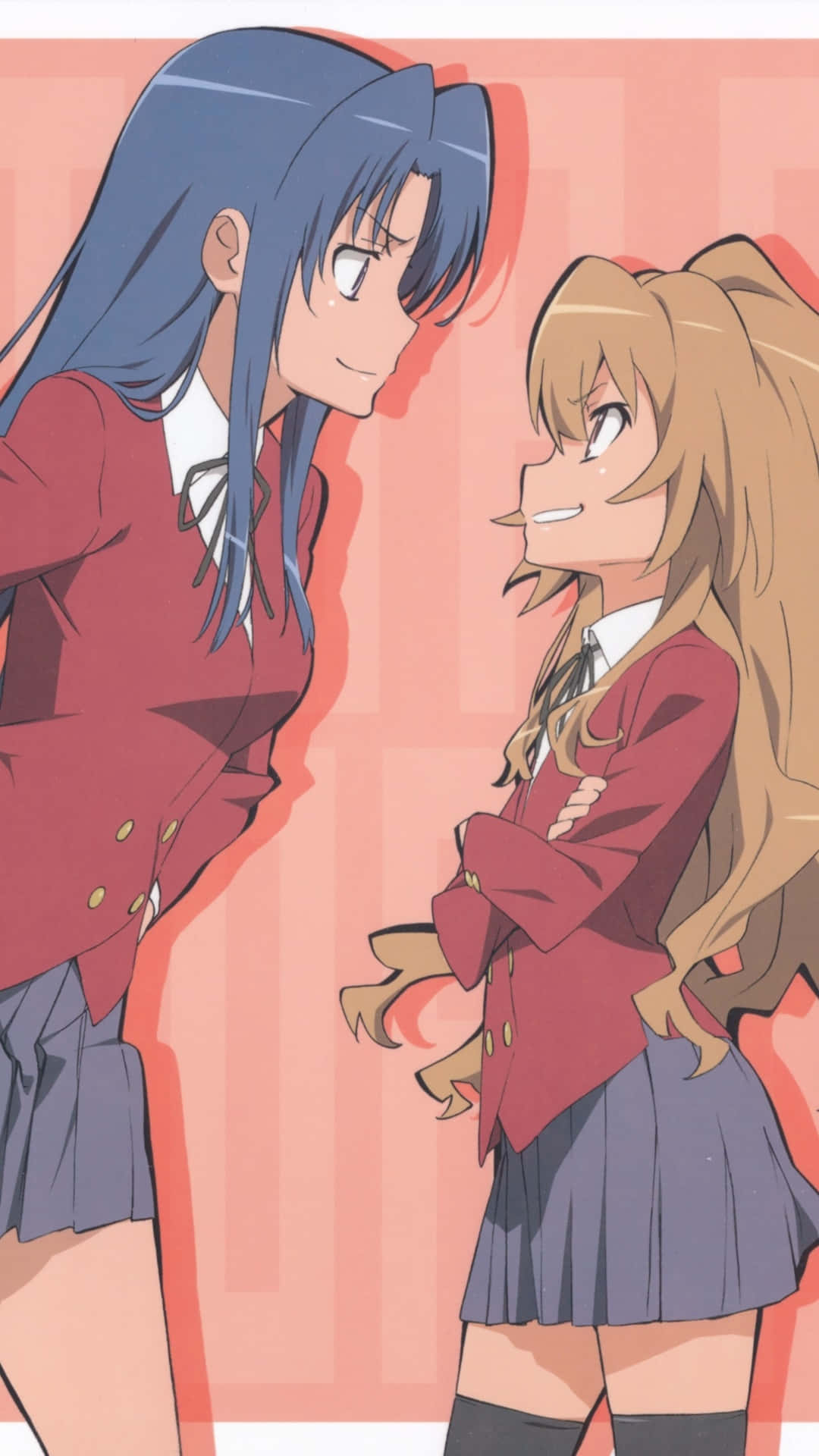 Ami Kawashima 桌布 壁紙 — 兩個穿著校服的動漫女孩在柔和的粉紅色背景前，帶著頑皮的表情面對面。