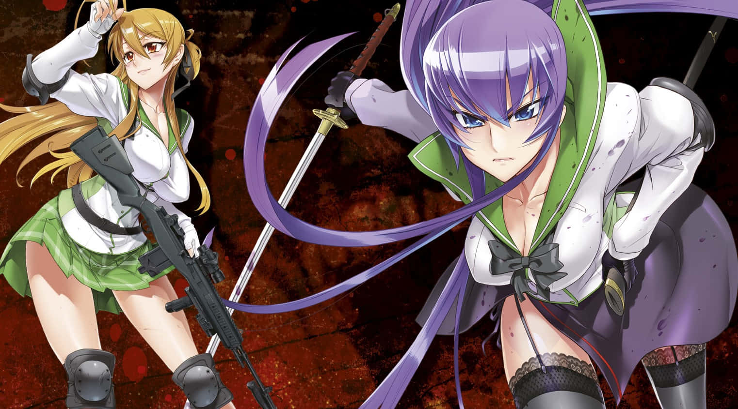 Highschool Of The Dead 桌布 壁紙 — 兩個穿著校服的動漫女孩在深紅色背景上揮舞武器，帶有血跡飛濺。