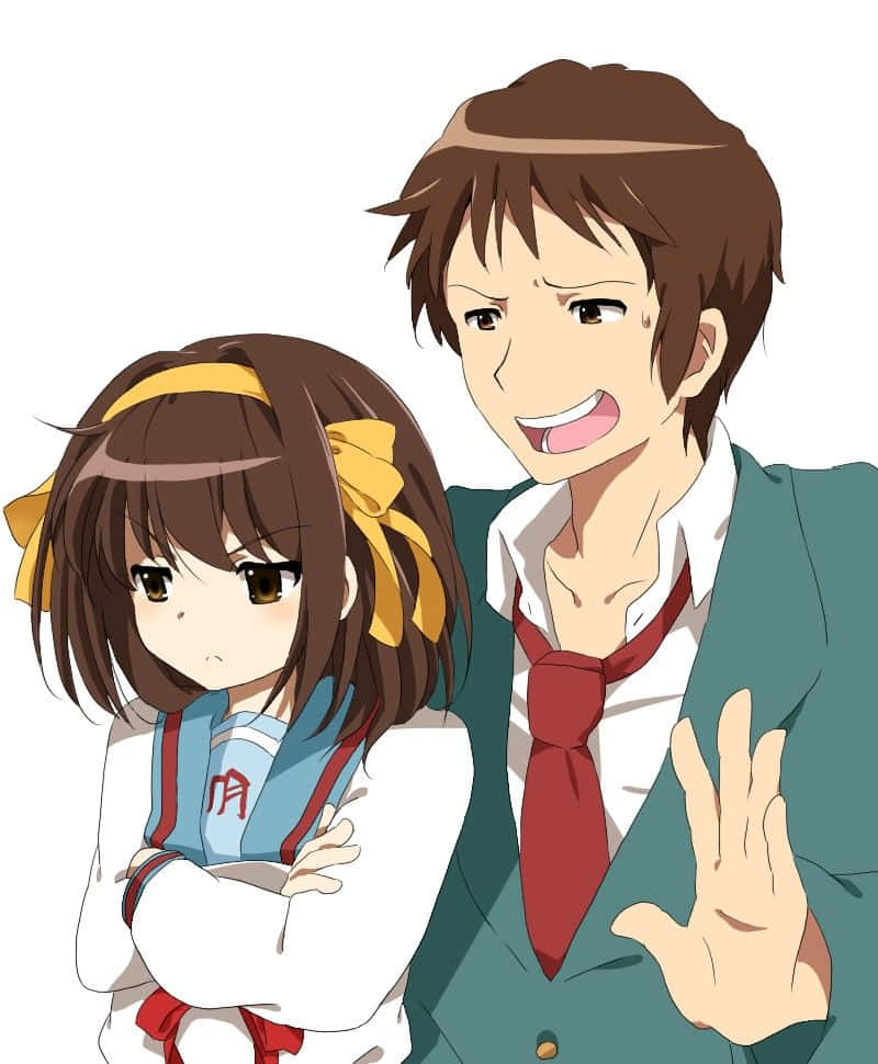 Kyon 桌布 壁紙 — 兩個穿著校服的動漫學生，一個開心地揮手，另一個交叉雙臂看起來不耐煩，背景為白色。