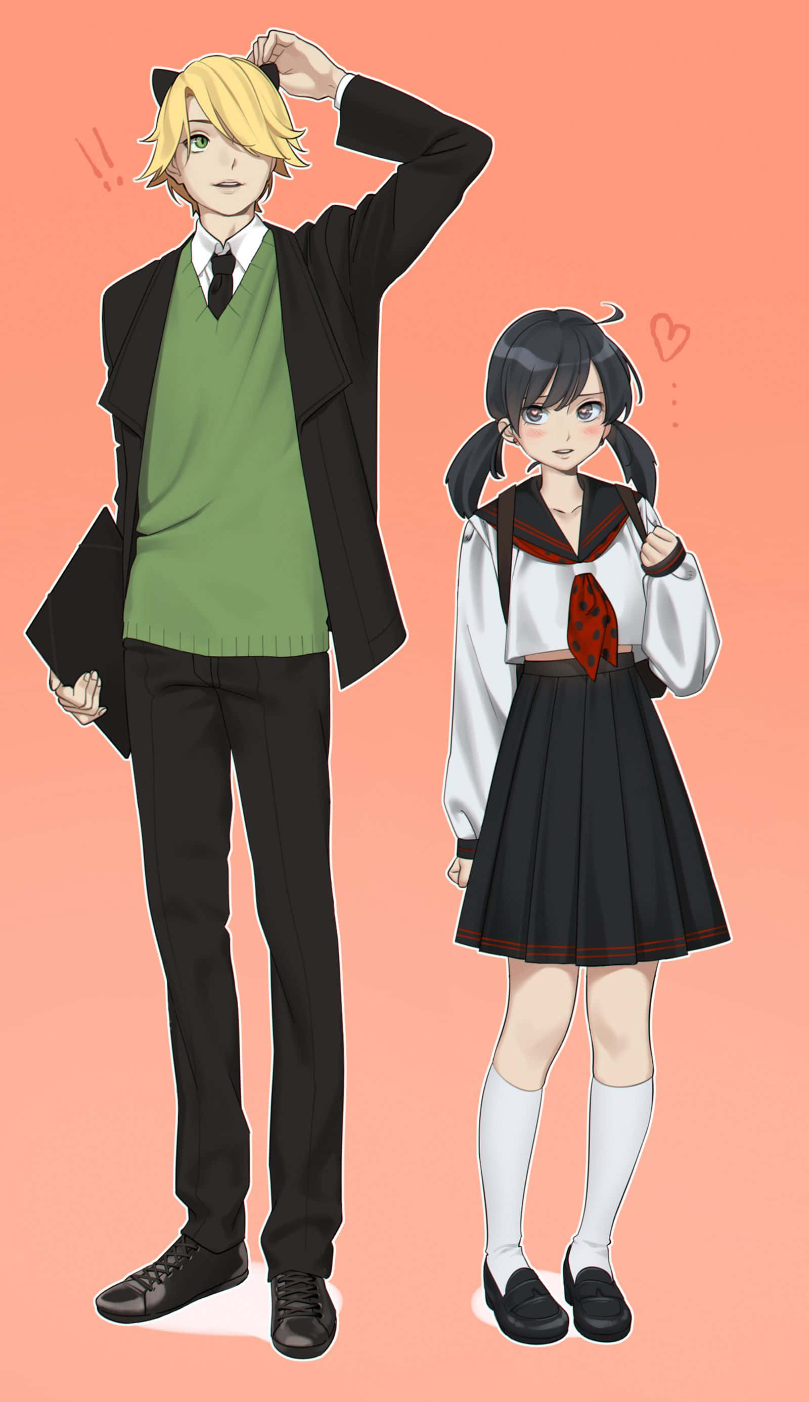 Marinette 桌布 壁紙 — 兩個穿著校服的動漫學生站在柔和的桃色背景前，一個在整理頭髮，另一個害羞地看著，頭附近漂浮著愛心。