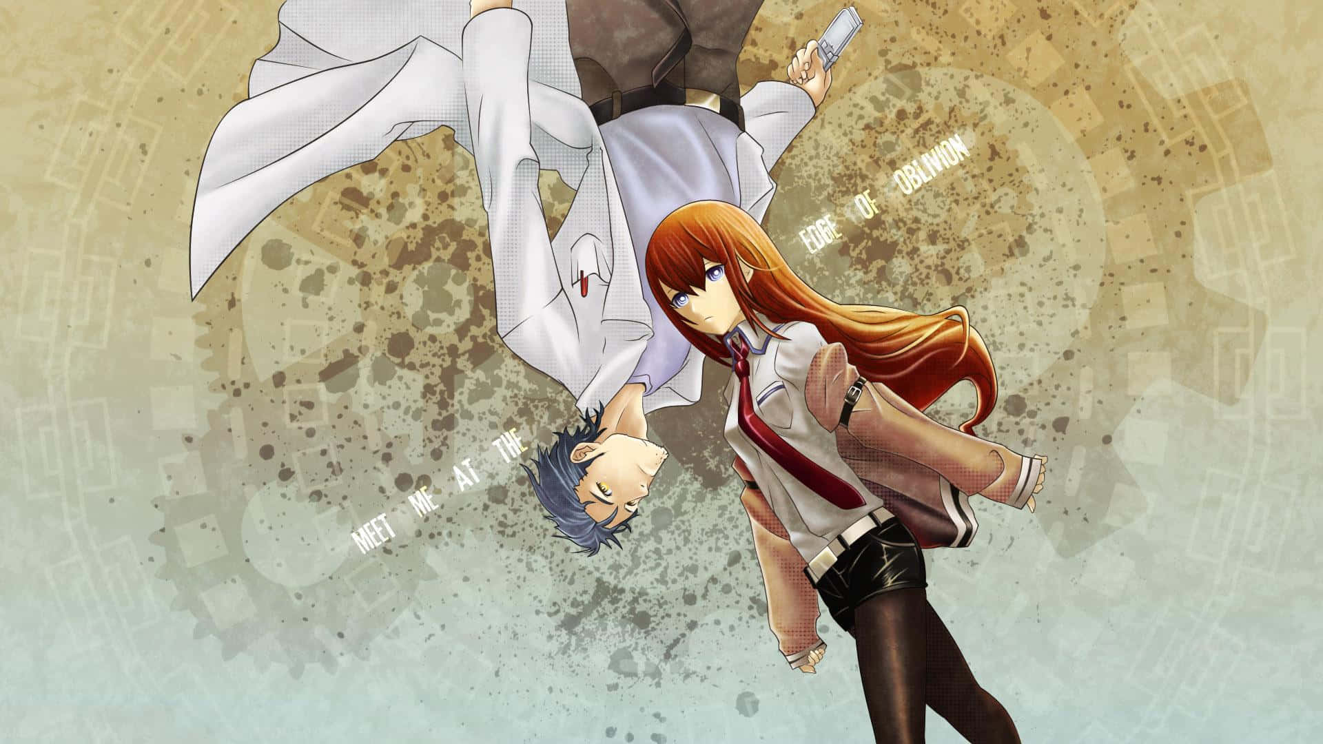 Steins Gate 桌布 壁紙 — 兩個穿著校服的動漫角色在一個粗糙的機械背景中墜落，周圍漂浮著文字。