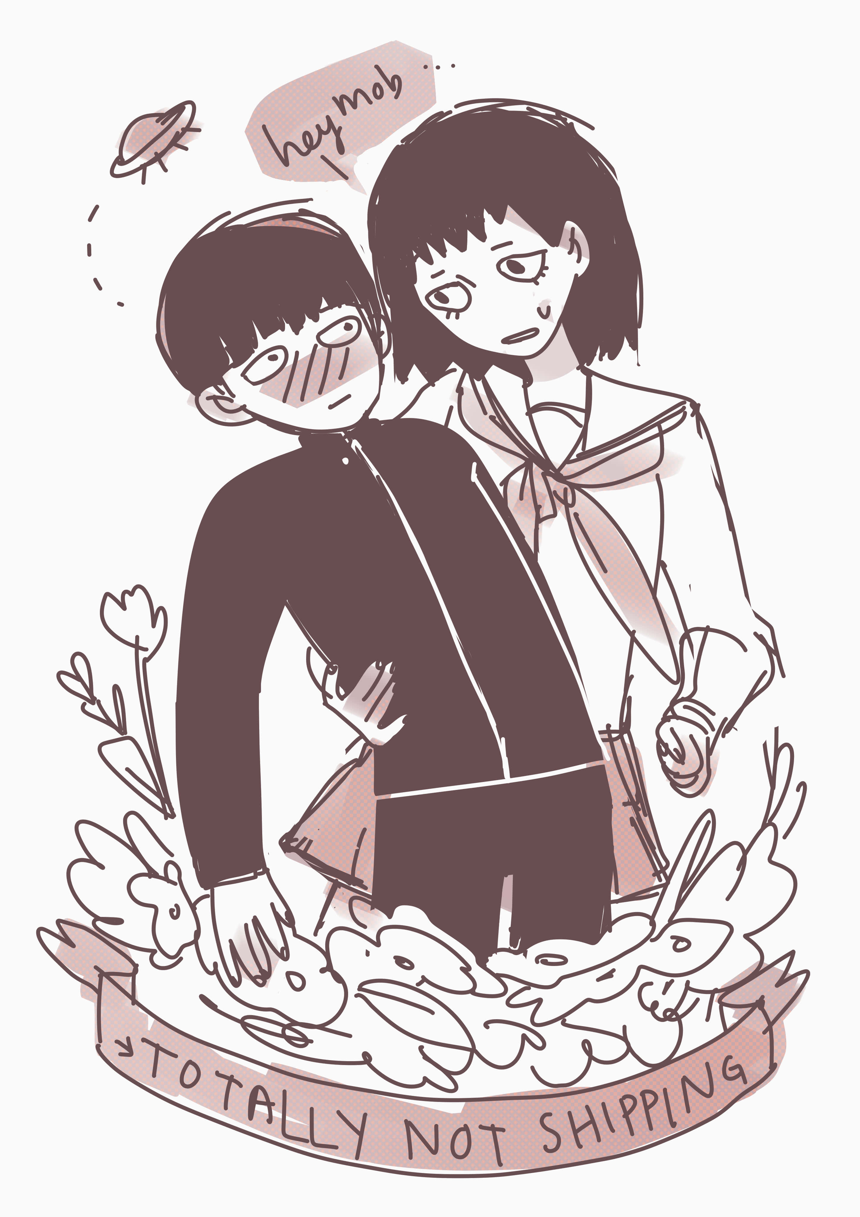 Tome Kurata 桌布 壁紙 — 兩個穿著校服的動漫角色站得很近，有一個對話框寫著「hey mob」，還有一個寫著「TOTALLY NOT SHIPPING」的橫幅，周圍有塗鴉。