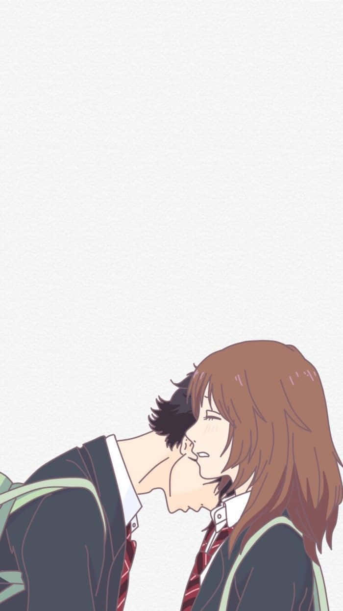Cute Anime Couple 桌布 壁紙 — 兩個穿著校服的動漫青少年在純白色背景前親密接吻。