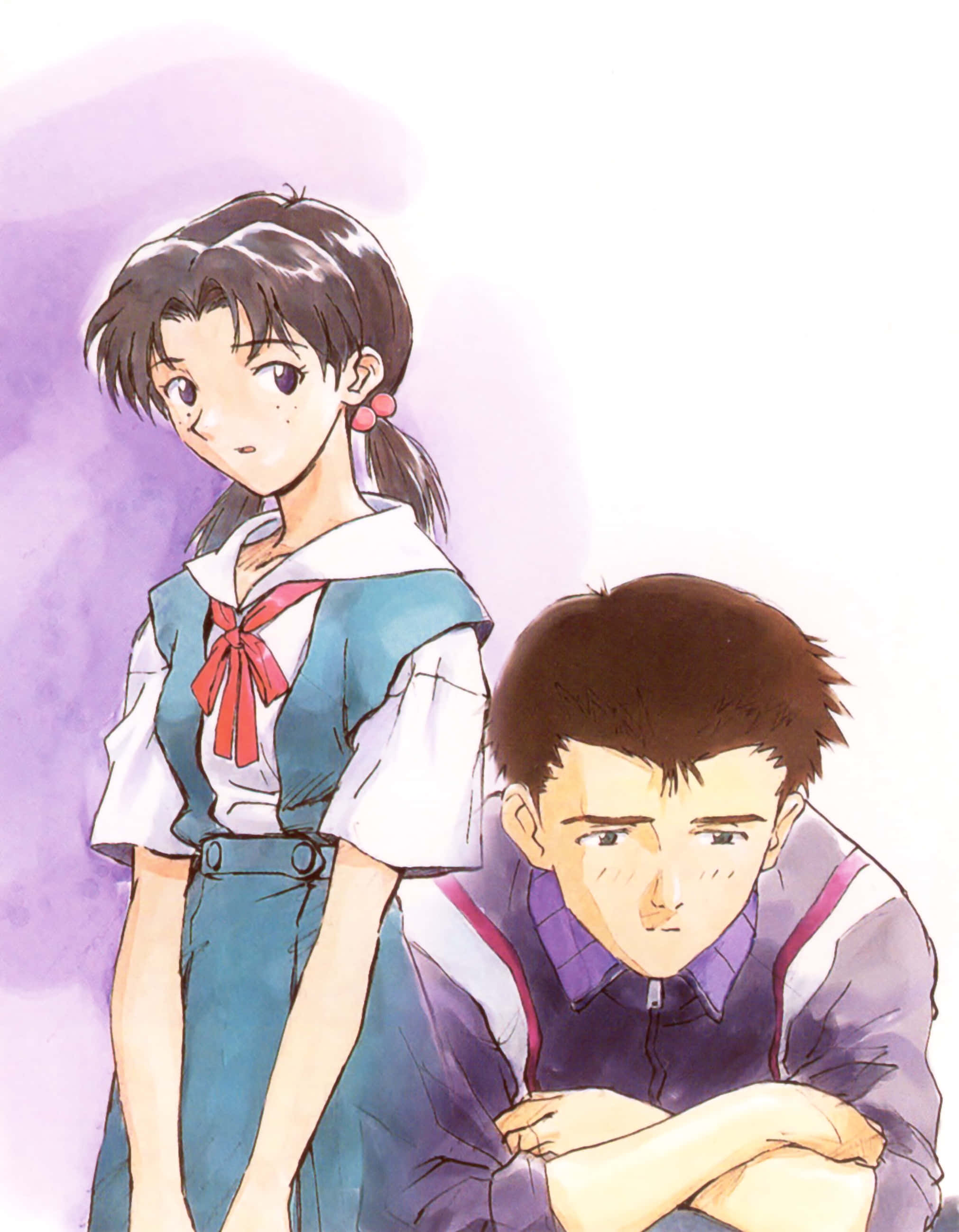 Hikari Horaki 桌布 壁紙 — 兩個穿著校服的動漫青少年站在柔和的紫色背景前，一個向前看，另一個交叉雙臂。