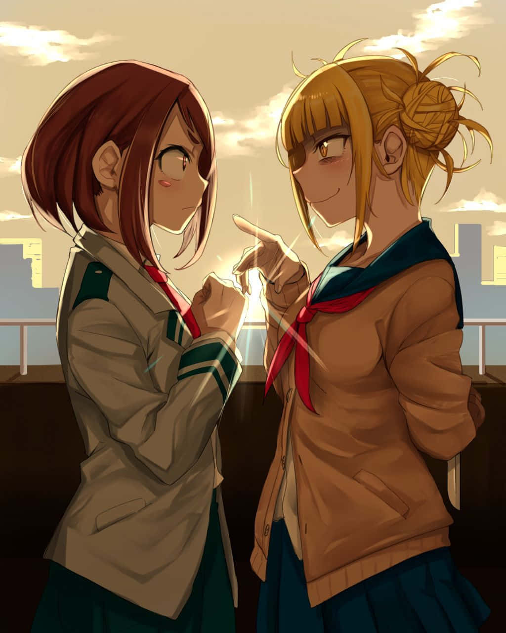 Toga 桌布 壁紙 — 兩個穿著校服的動畫女孩在金色日落時分的屋頂上分享溫馨時刻，背後是城市景觀。