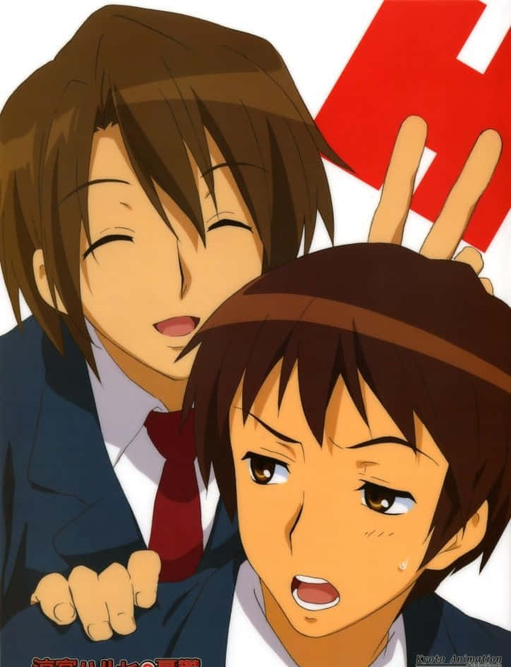 Itsuki Koizumi 桌布 壁紙 — 兩個穿著校服的動畫男孩，一個在另一個身後咧嘴笑，另一個看起來很驚訝，背景有一個紅色的「H」。