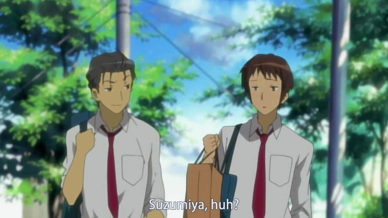 Haruhi Taniguchi 桌布 壁紙 — 兩個穿著校服的動畫男孩，在陽光普照的林蔭大道上，拿著書包走過。