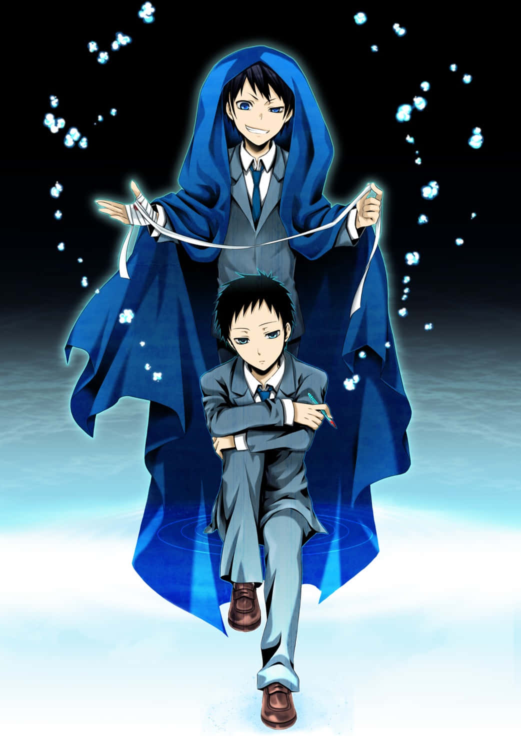 Aoba Kuronuma 桌布 壁紙 — 兩個穿著校服的動畫男孩在黑暗的天空下漂浮在發光的藍色粒子中。