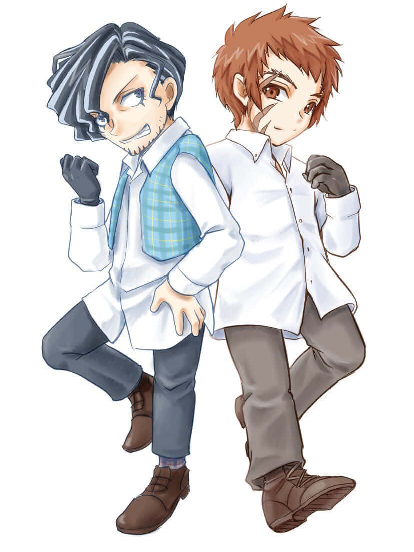 The Promised Neverland Lucas 桌布 壁紙 — 兩個穿著校服的動畫男孩背靠背擺姿勢，露出自信的笑容並握緊拳頭。