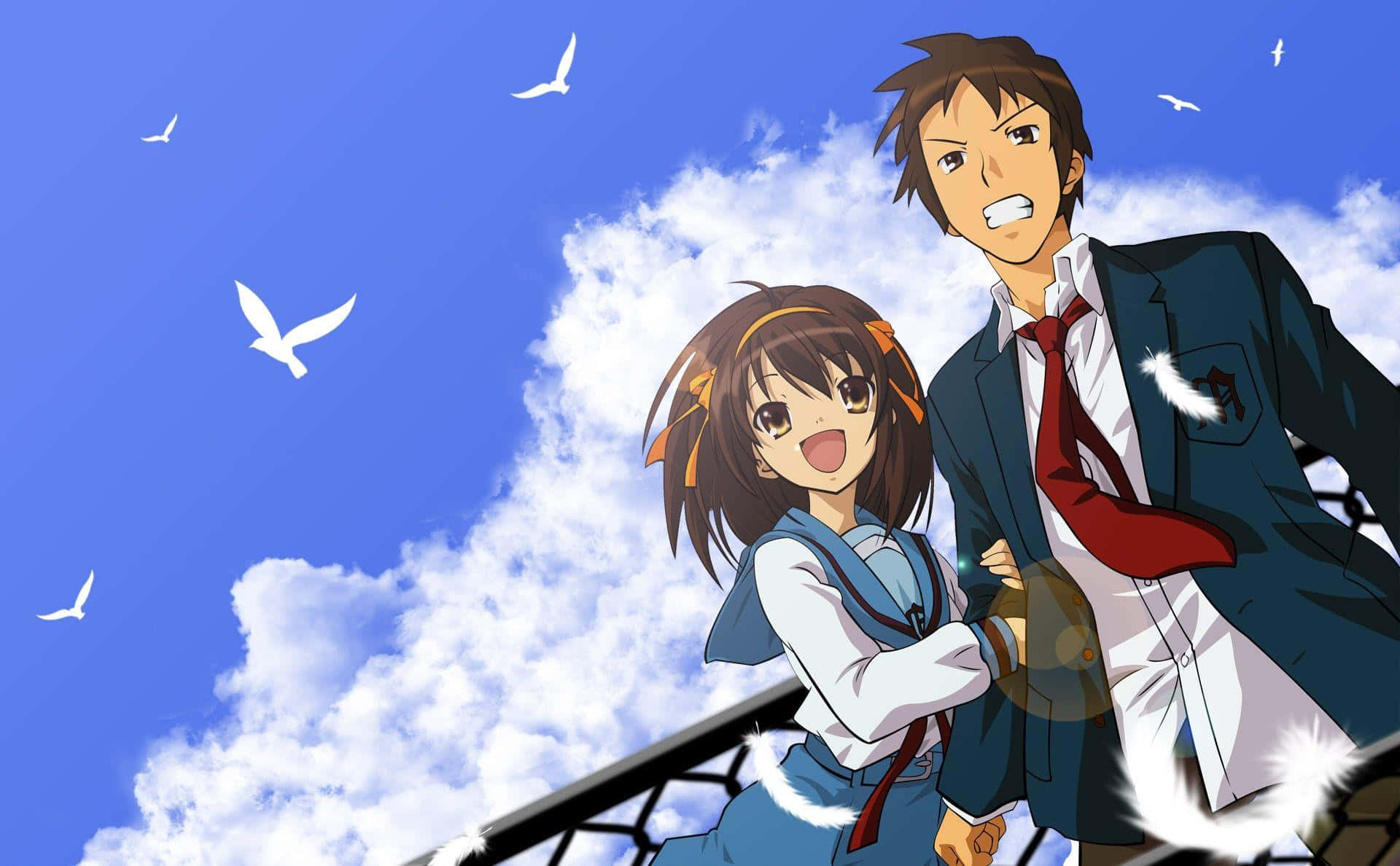 The Melancholy Of Haruhi Suzumiya 桌布 壁紙 — 兩個穿著校服的動畫青少年站在橋上，背景是明亮的藍天，有蓬鬆的雲朵和飛鳥。
