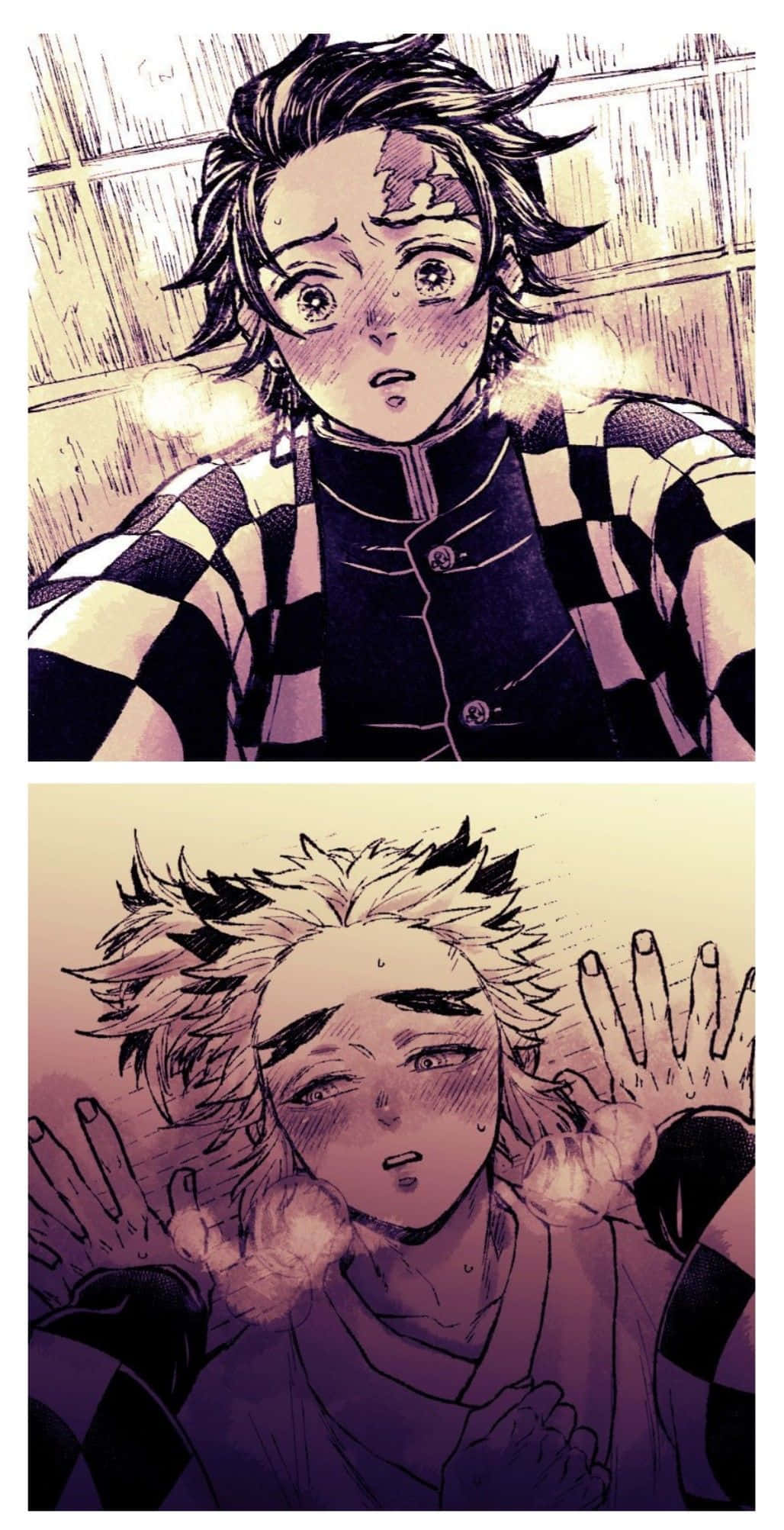 Rengoku And Tanjiro 桌布 壁紙 — 兩個穿著格仔外套的動漫角色在溫暖發光的背景下表現出震驚的表情。