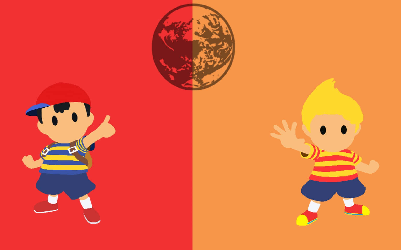 地球冒險 桌布 壁紙 — 兩個穿著條紋襯衫的卡通小孩在紅色和橙色分割的背景上，上方有一個地球儀，開心地揮手。