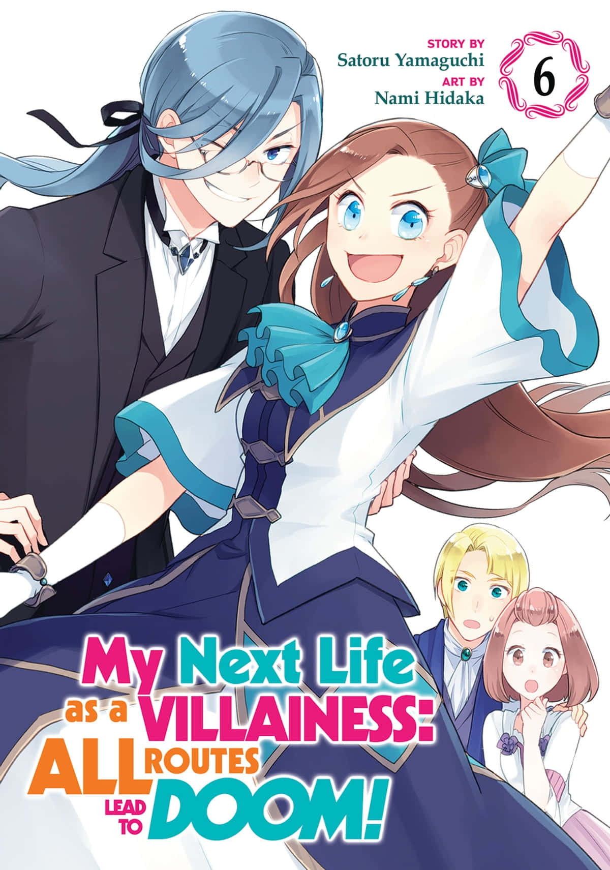 My Next Life As A Villainess All Routes Lead To Doom 桌布 壁紙 — 兩個穿著正式服裝的動漫角色在白色背景前燦爛微笑，下方有較小的配角。