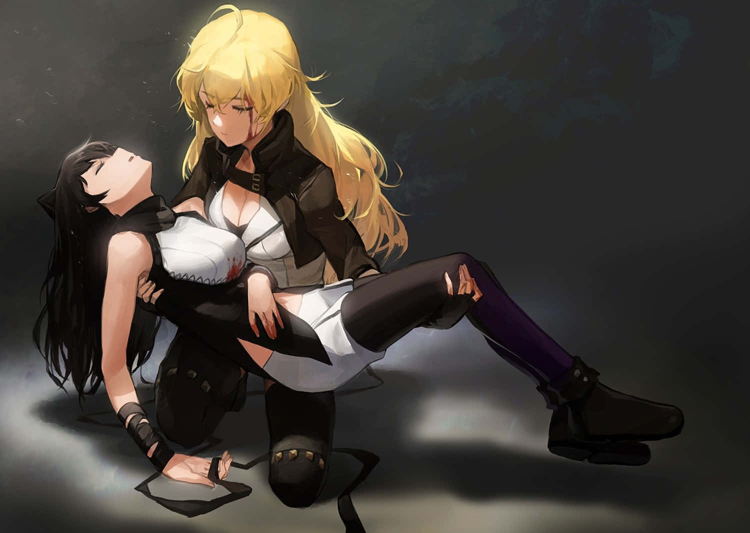 Rwby 桌布 壁紙 — 兩個穿著深色服裝的動漫女孩在陰影背景和戲劇性燈光下親密擁抱。